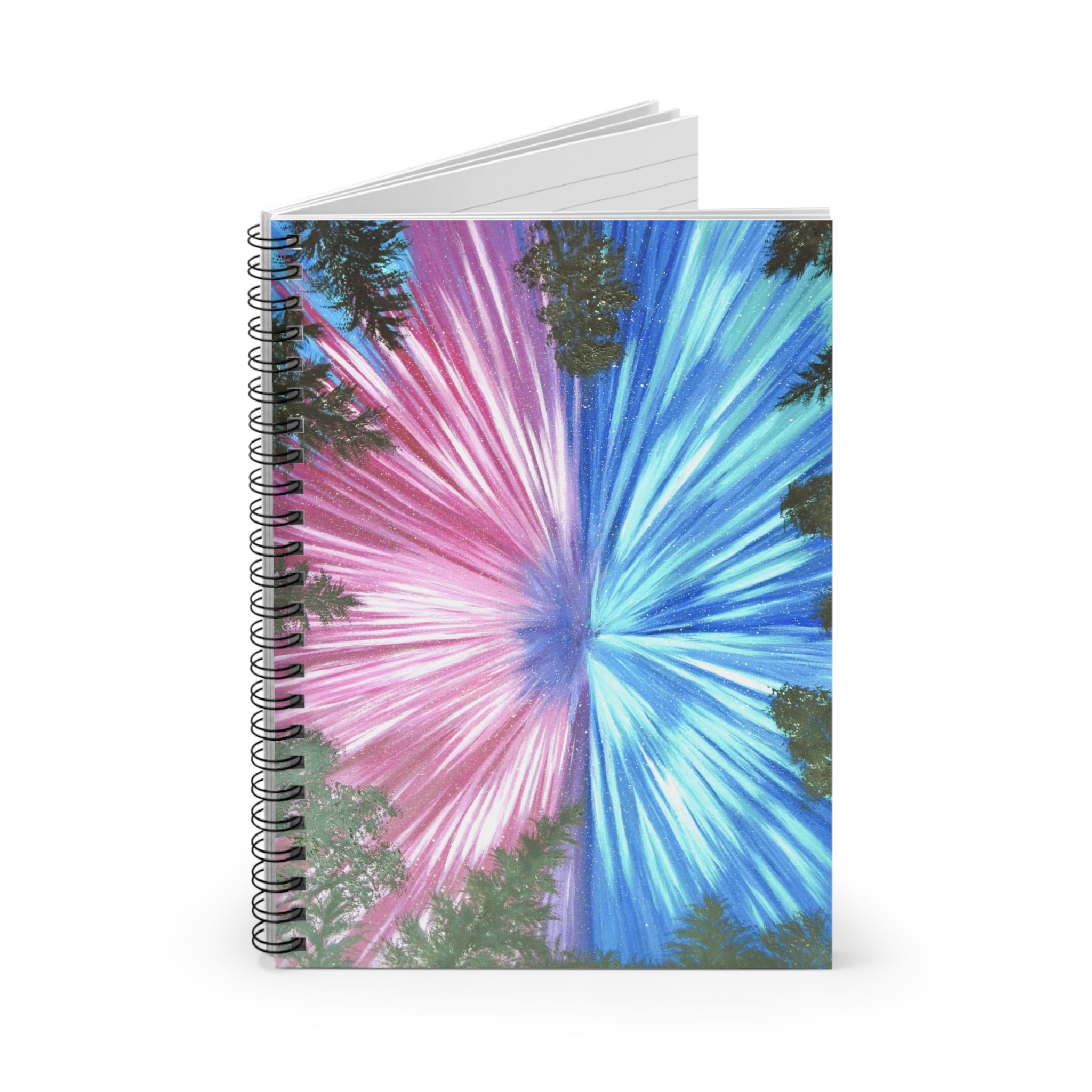Aurora Burst Spiral Notebook — Ruled Journal with Pink & Blue Forest Sky Design