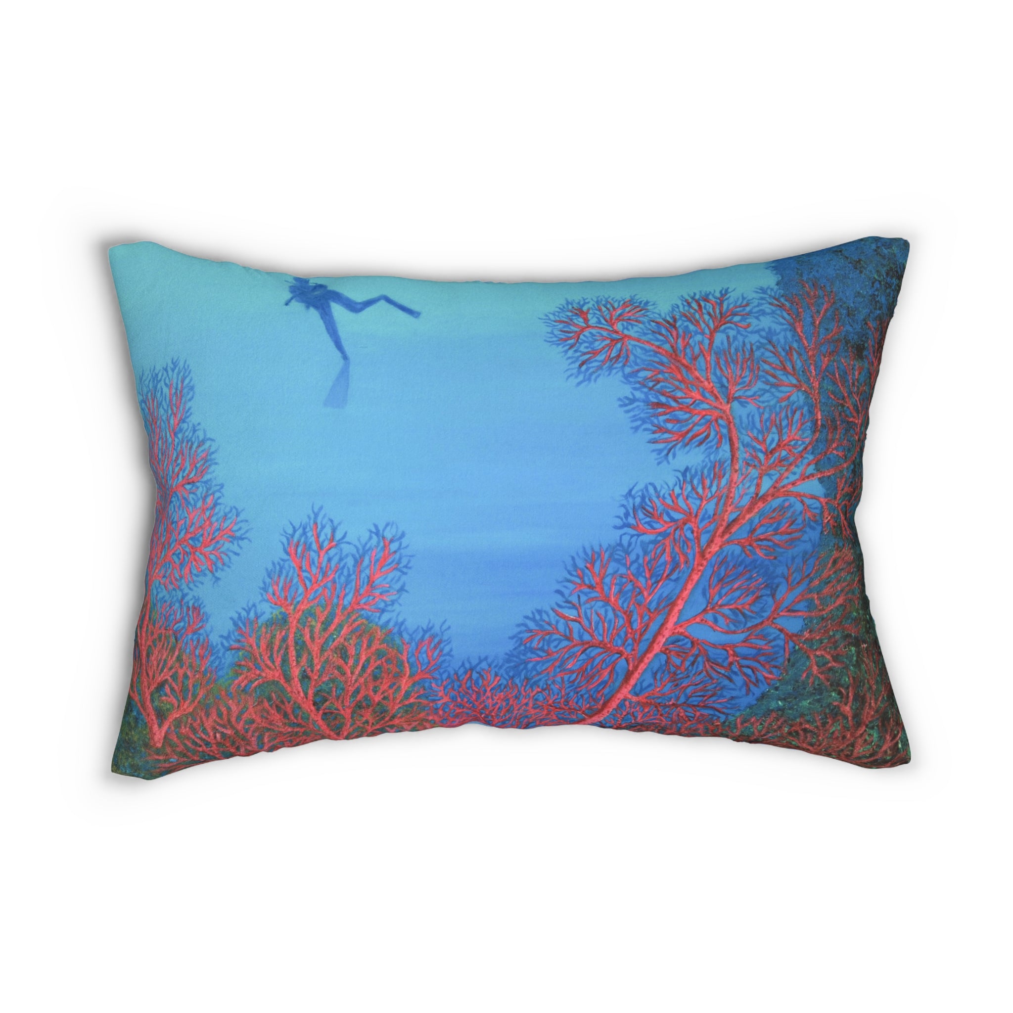 Underwater Coral Reef Lumbar Pillow — Scuba Diver Ocean Accent Pillow
