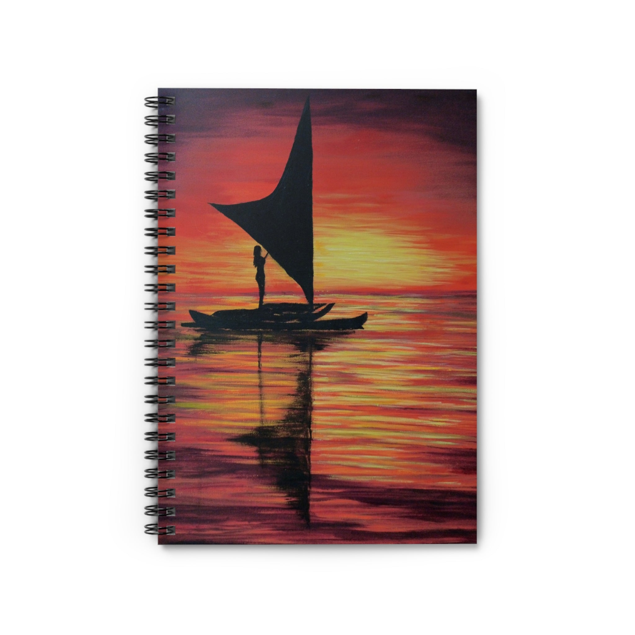 Sunset Sail Spiral Notebook — Ruled Travel Journal with Tropical Boat Silhouette