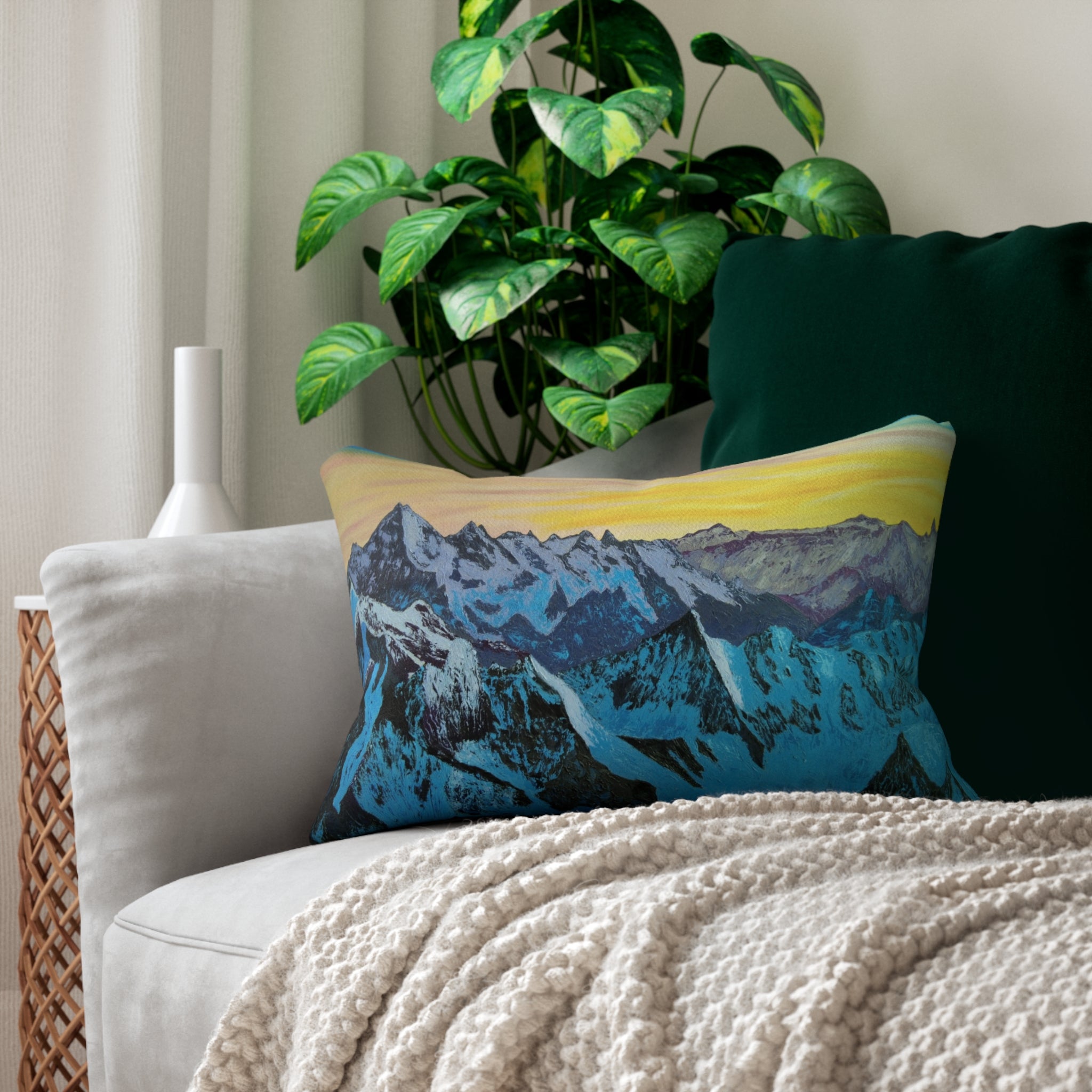 Mountain Sunrise Lumbar Pillow — Scenic Blue Alpine Landscape Accent Pillow