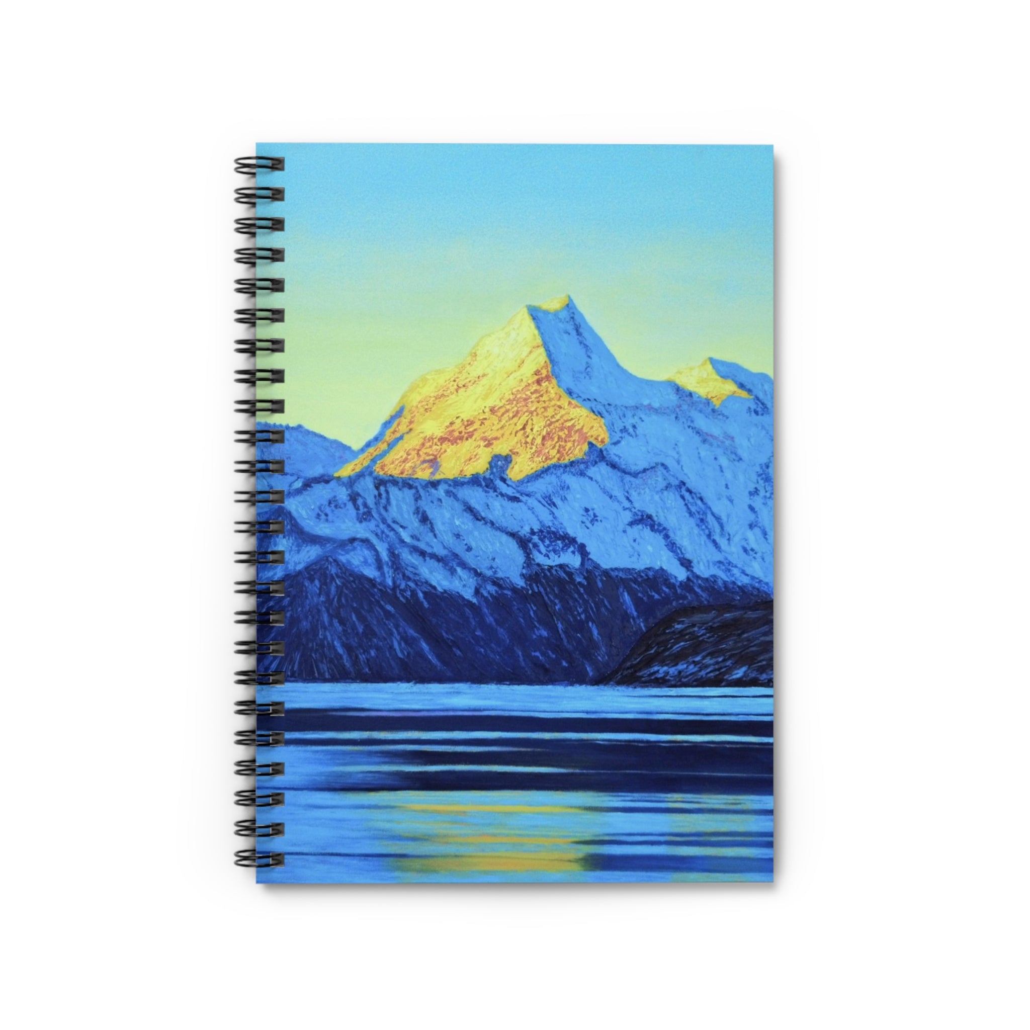 Mountain Sunrise Spiral Notebook — Ruled Journal with Blue & Gold Landscape Cover