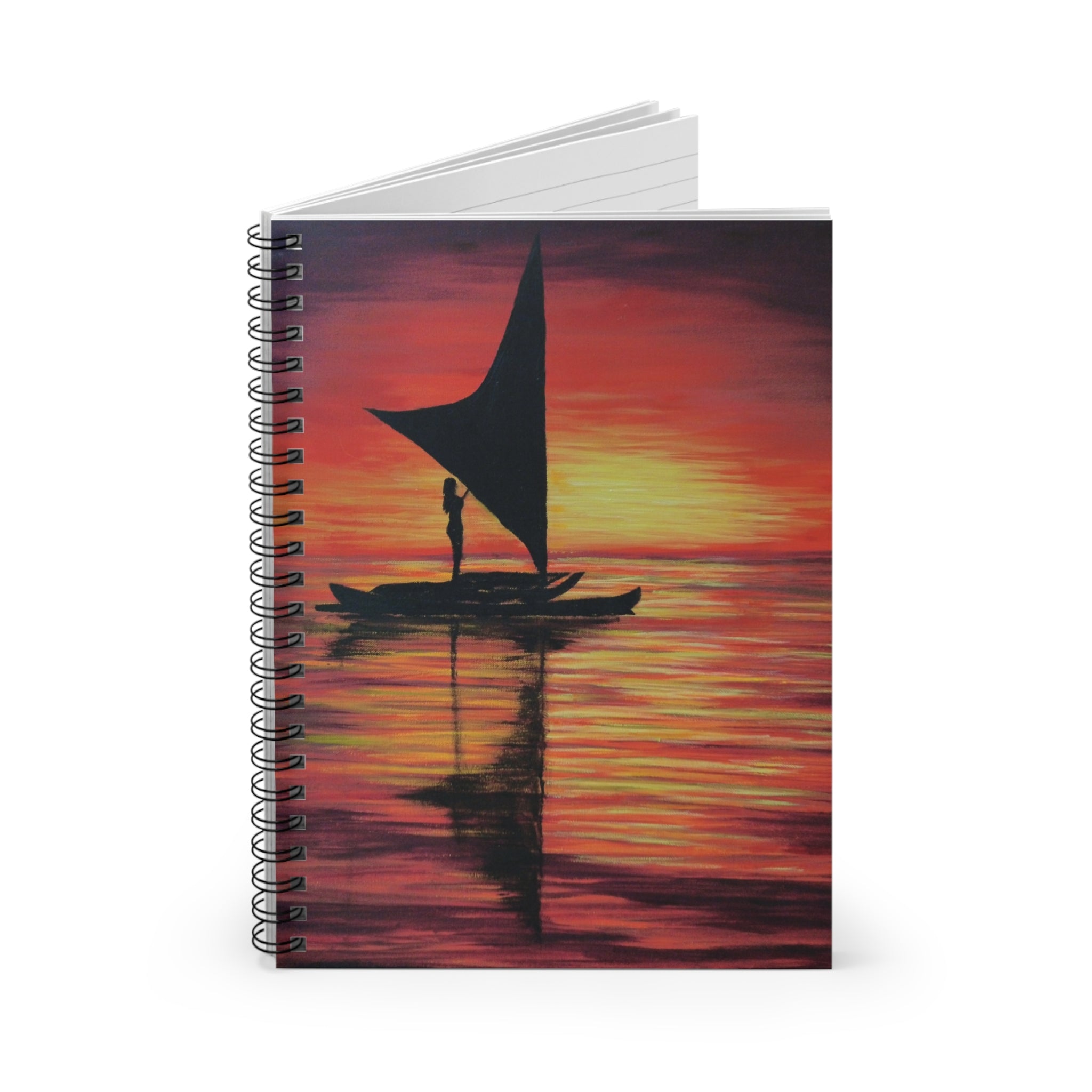 Sunset Sail Spiral Notebook — Ruled Travel Journal with Tropical Boat Silhouette