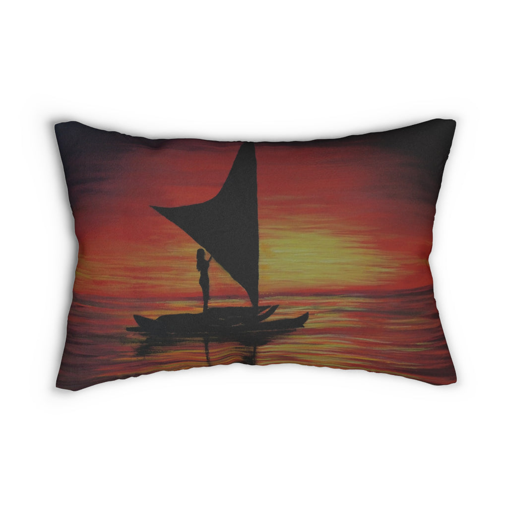Sunset Sail Lumbar Pillow — Nautical Boat Silhouette Decorative Pillow