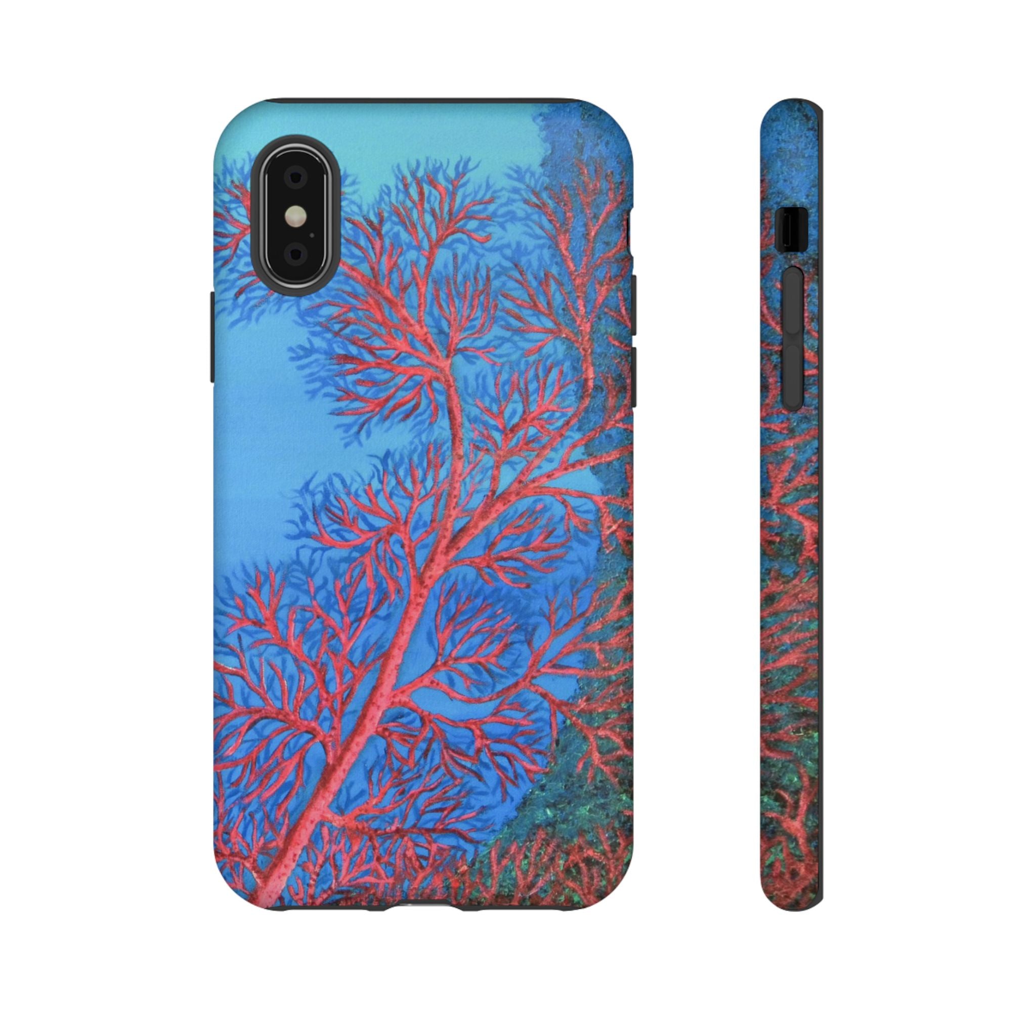 Coral Reef Phone Case — Vibrant Red Sea Fan on Ocean Blue Tough Case