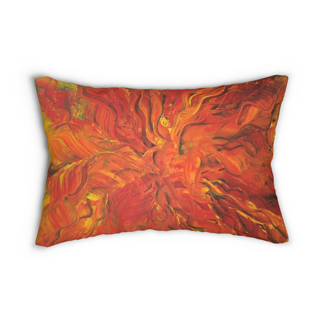 Abstract Flame Art Lumbar Pillow — Orange Red Textured Accent Cushion