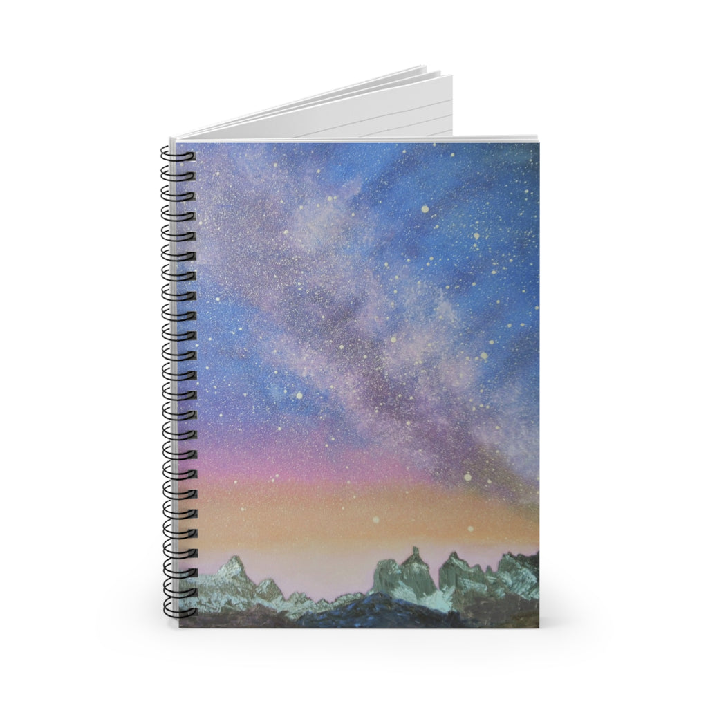 Galaxy Night Sky Spiral Notebook — Ruled Journal with Mountain Silhouette