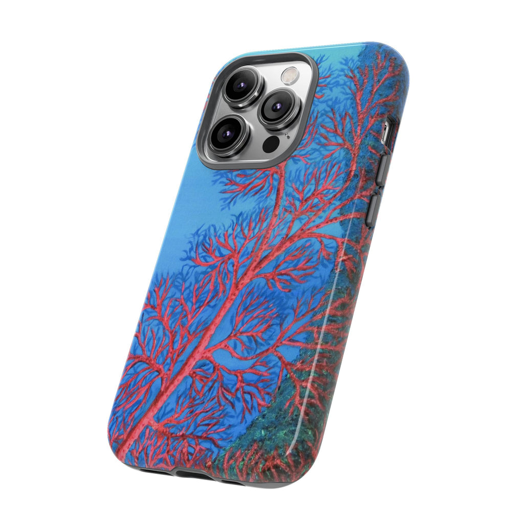 Coral Reef Phone Case — Vibrant Red Sea Fan on Ocean Blue Tough Case