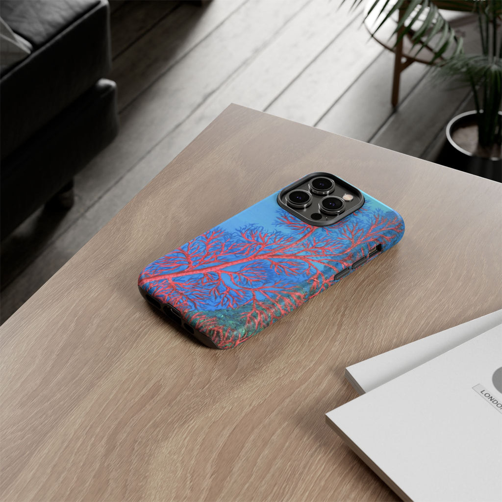Coral Reef Phone Case — Vibrant Red Sea Fan on Ocean Blue Tough Case