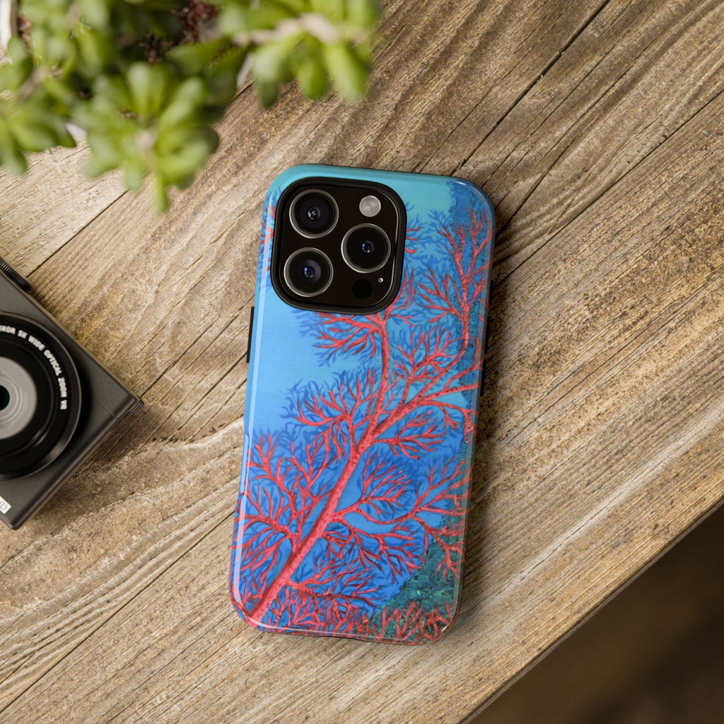 Coral Reef Phone Case — Vibrant Red Sea Fan on Ocean Blue Tough Case