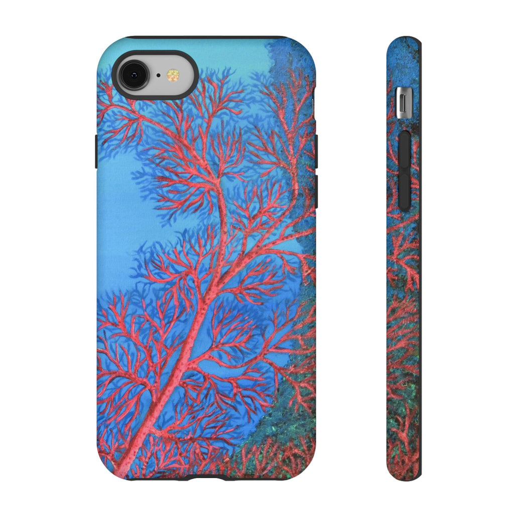 Coral Reef Phone Case — Vibrant Red Sea Fan on Ocean Blue Tough Case