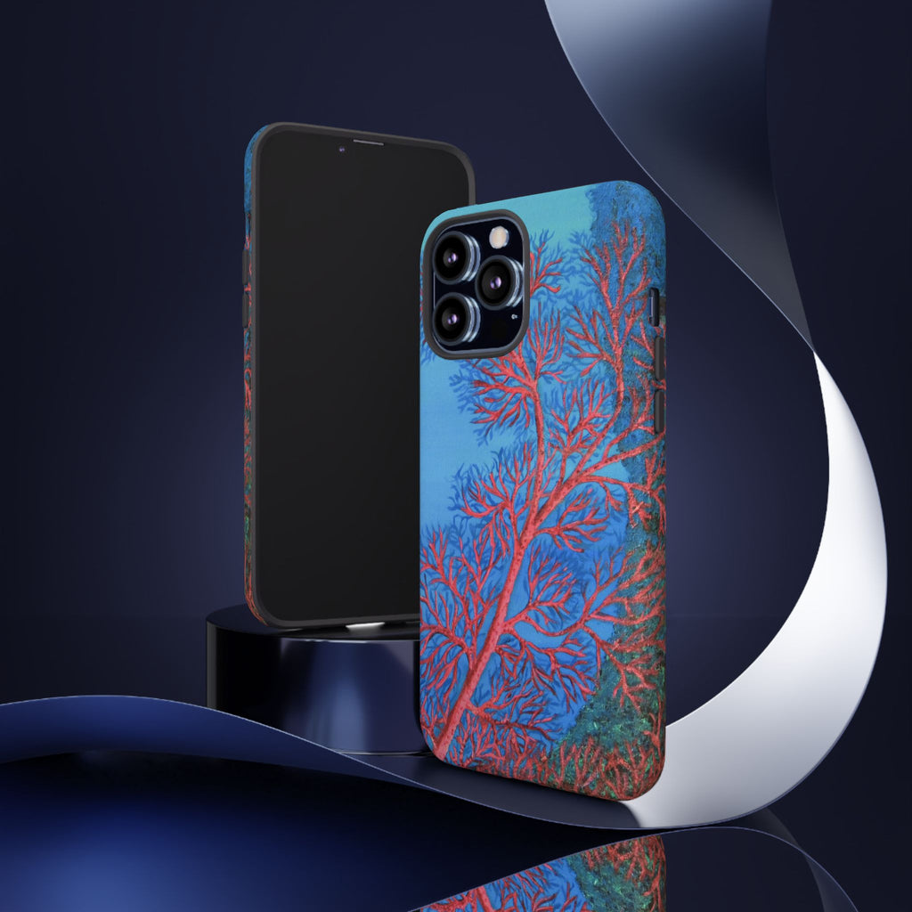 Coral Reef Phone Case — Vibrant Red Sea Fan on Ocean Blue Tough Case