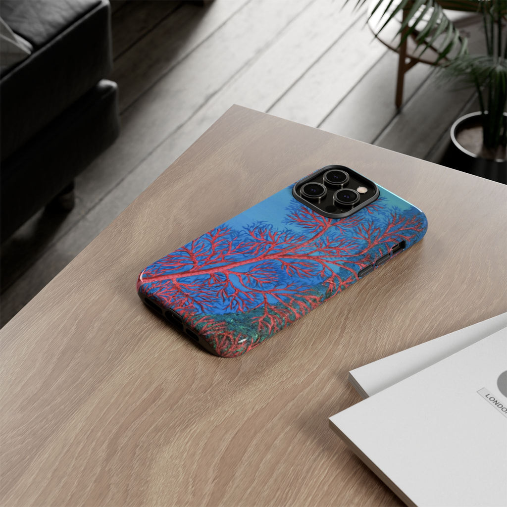 Coral Reef Phone Case — Vibrant Red Sea Fan on Ocean Blue Tough Case