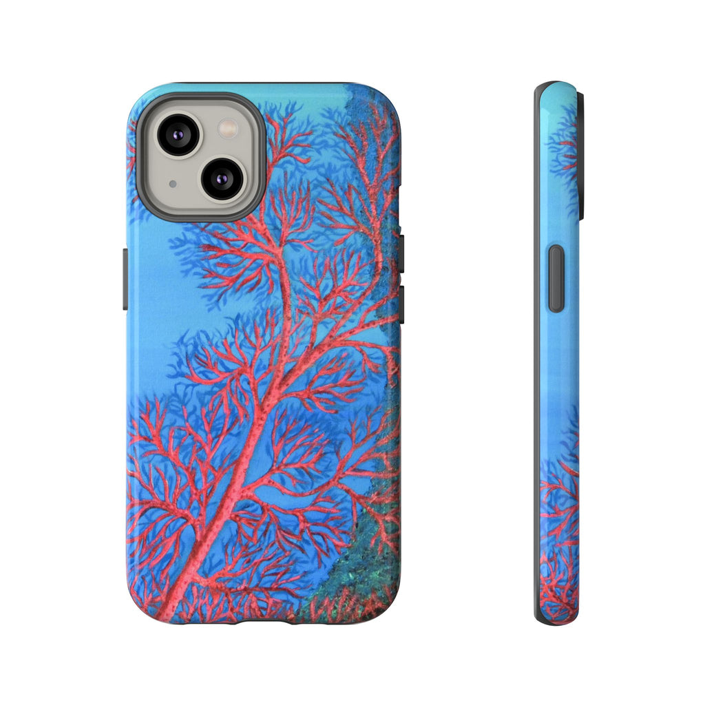 Coral Reef Phone Case — Vibrant Red Sea Fan on Ocean Blue Tough Case