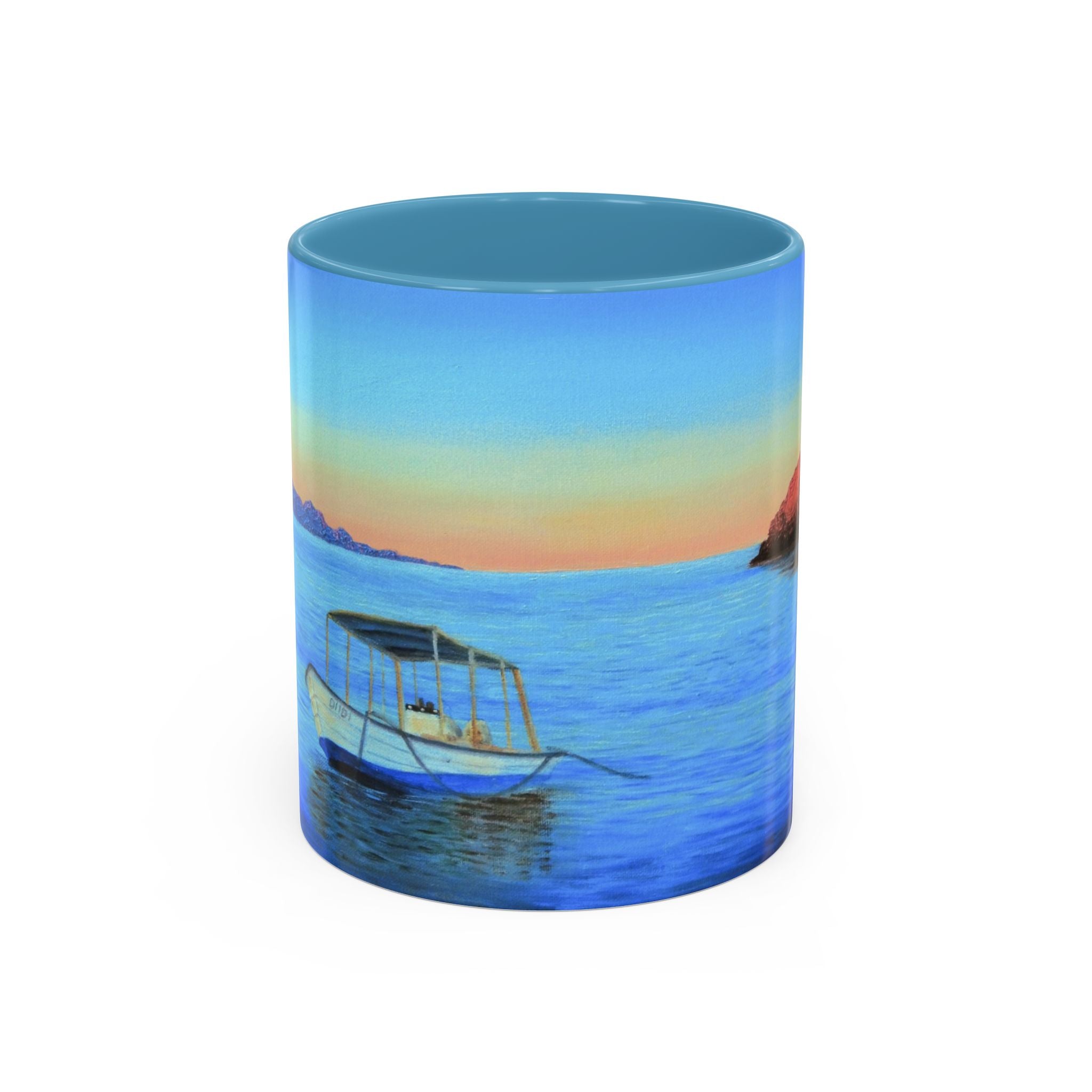 Seaside Sunrise Coffee Mug — Tropical Boat & Ocean Sunset Accent Mug (11/15oz)