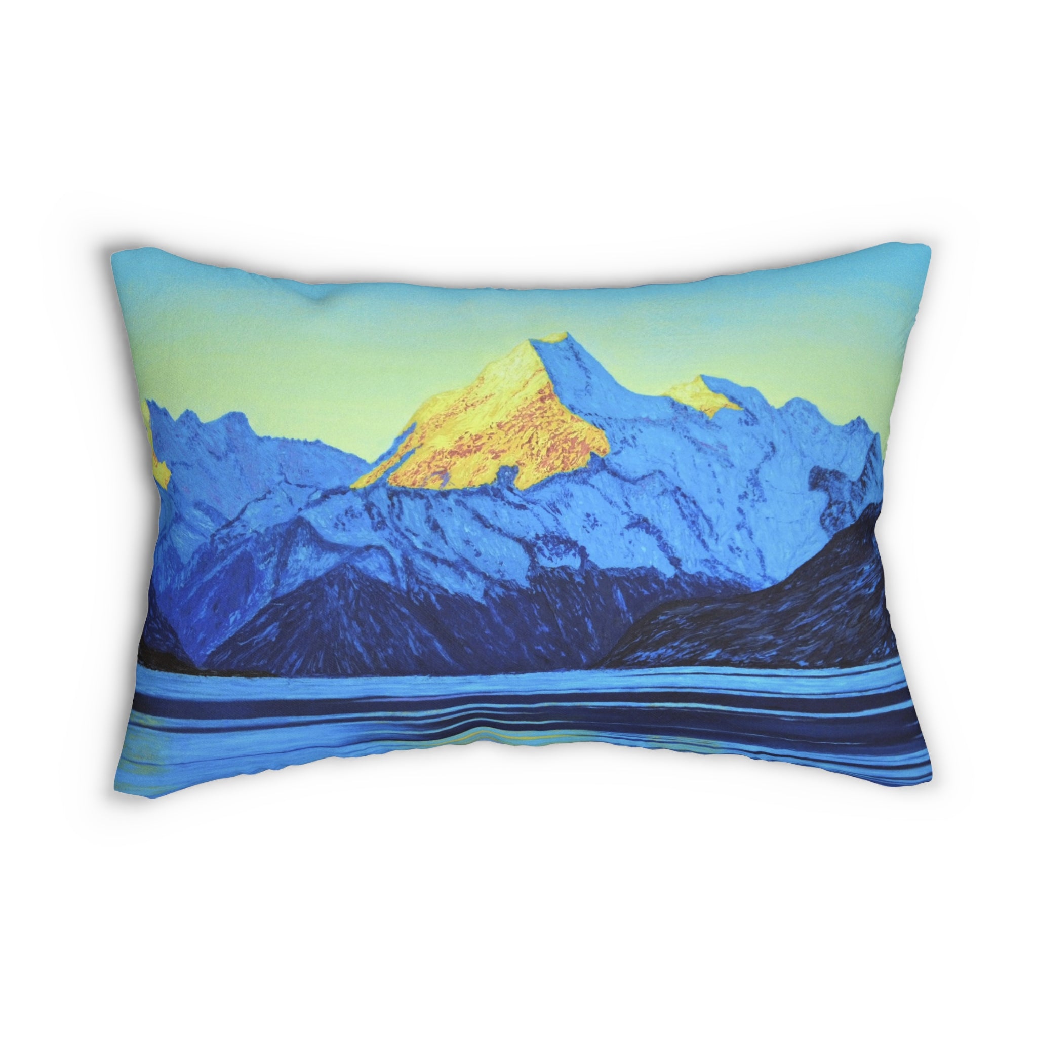 Blue Mountain Sunrise Lumbar Pillow — Scenic Alpine Landscape Accent