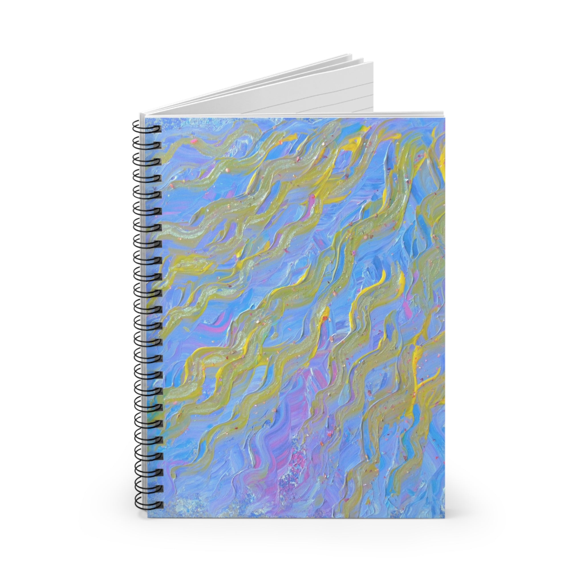 Abstract Wave Spiral Notebook — Blue & Gold Artistic Ruled Journal