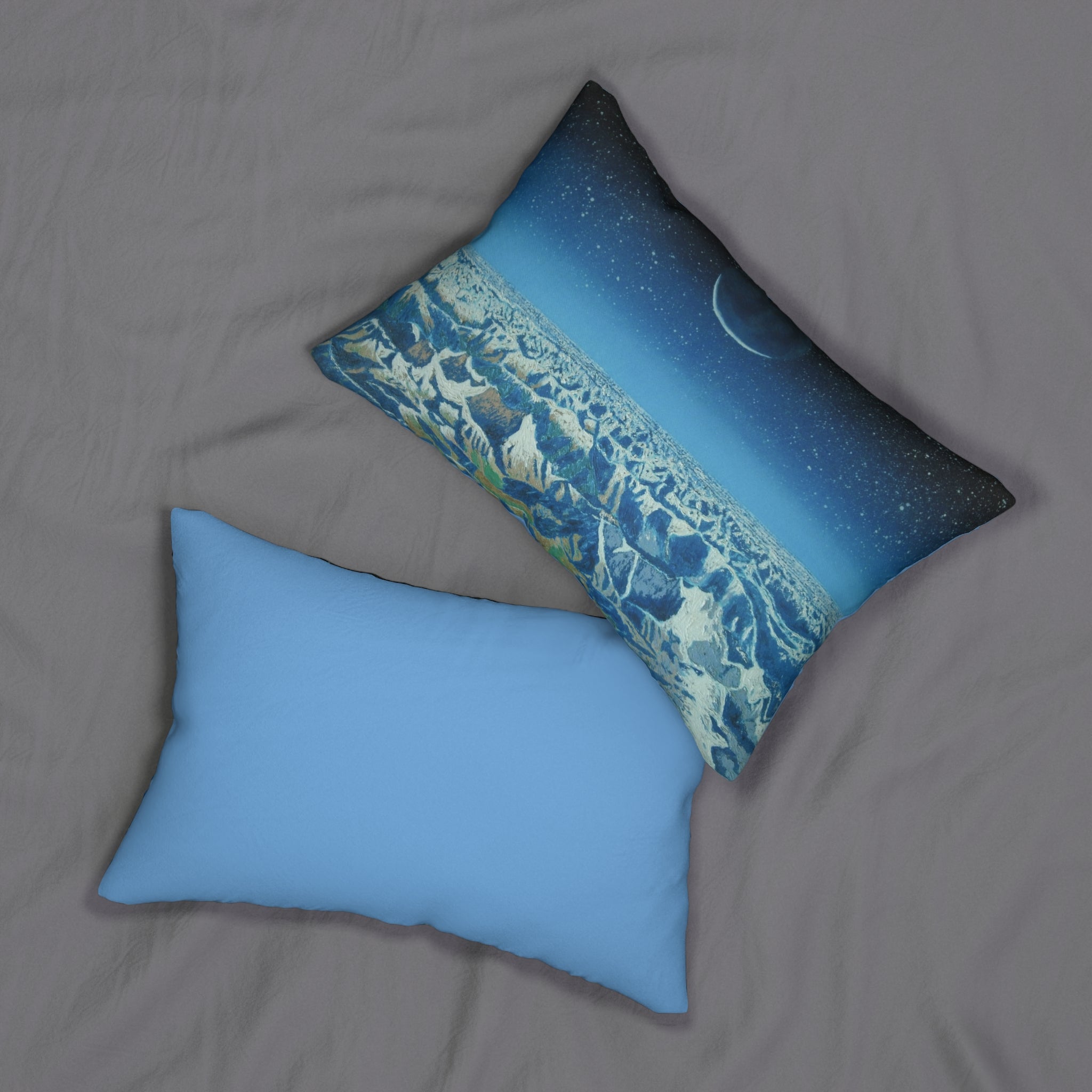 Lunar Mountainscape Lumbar Pillow — Crescent Night Sky Decorative Pillow