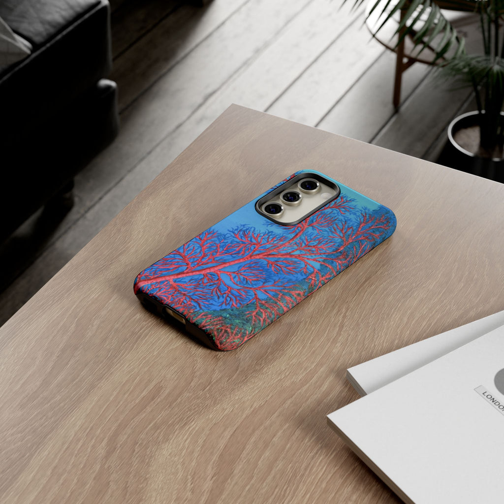 Coral Reef Phone Case — Vibrant Red Sea Fan on Ocean Blue Tough Case