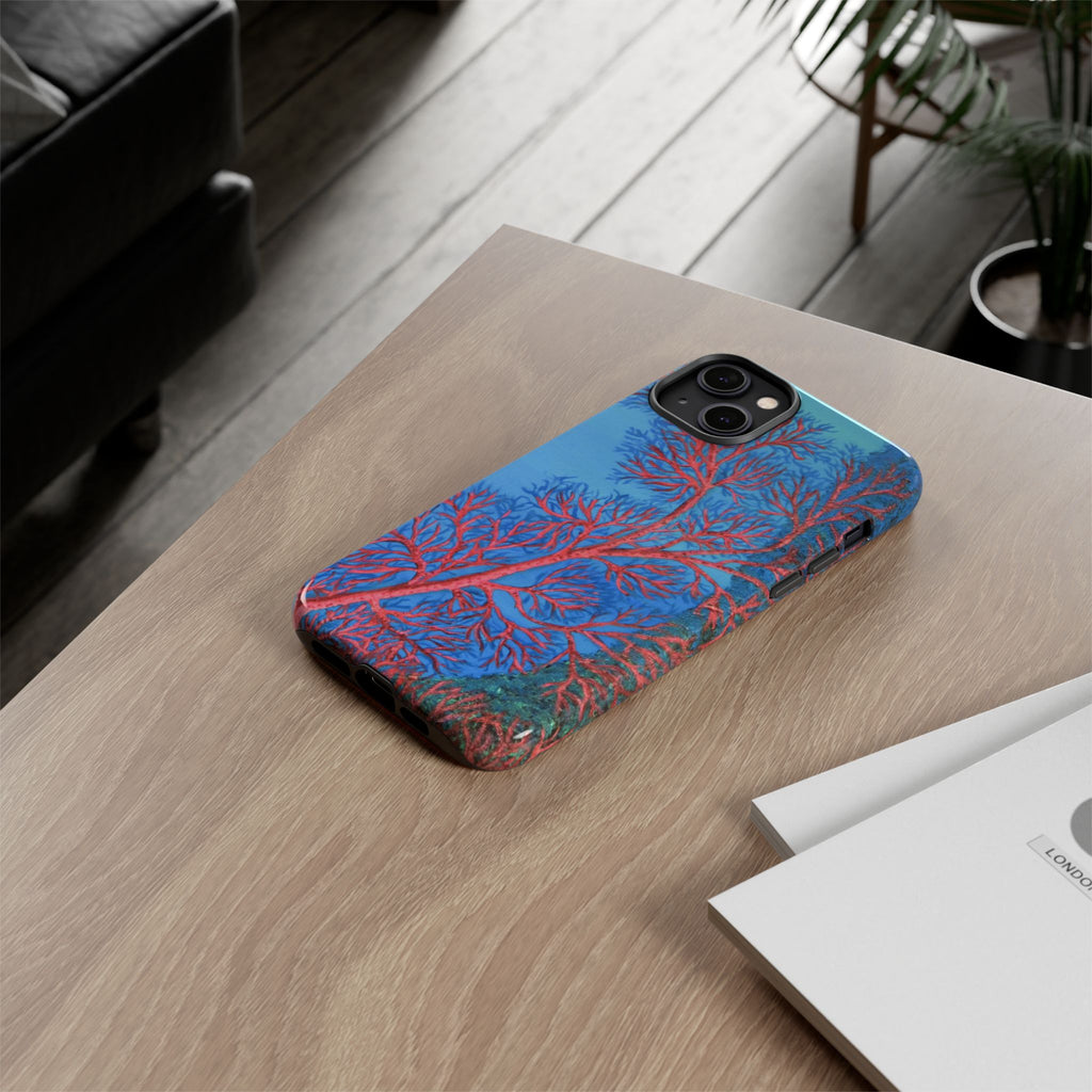 Coral Reef Phone Case — Vibrant Red Sea Fan on Ocean Blue Tough Case