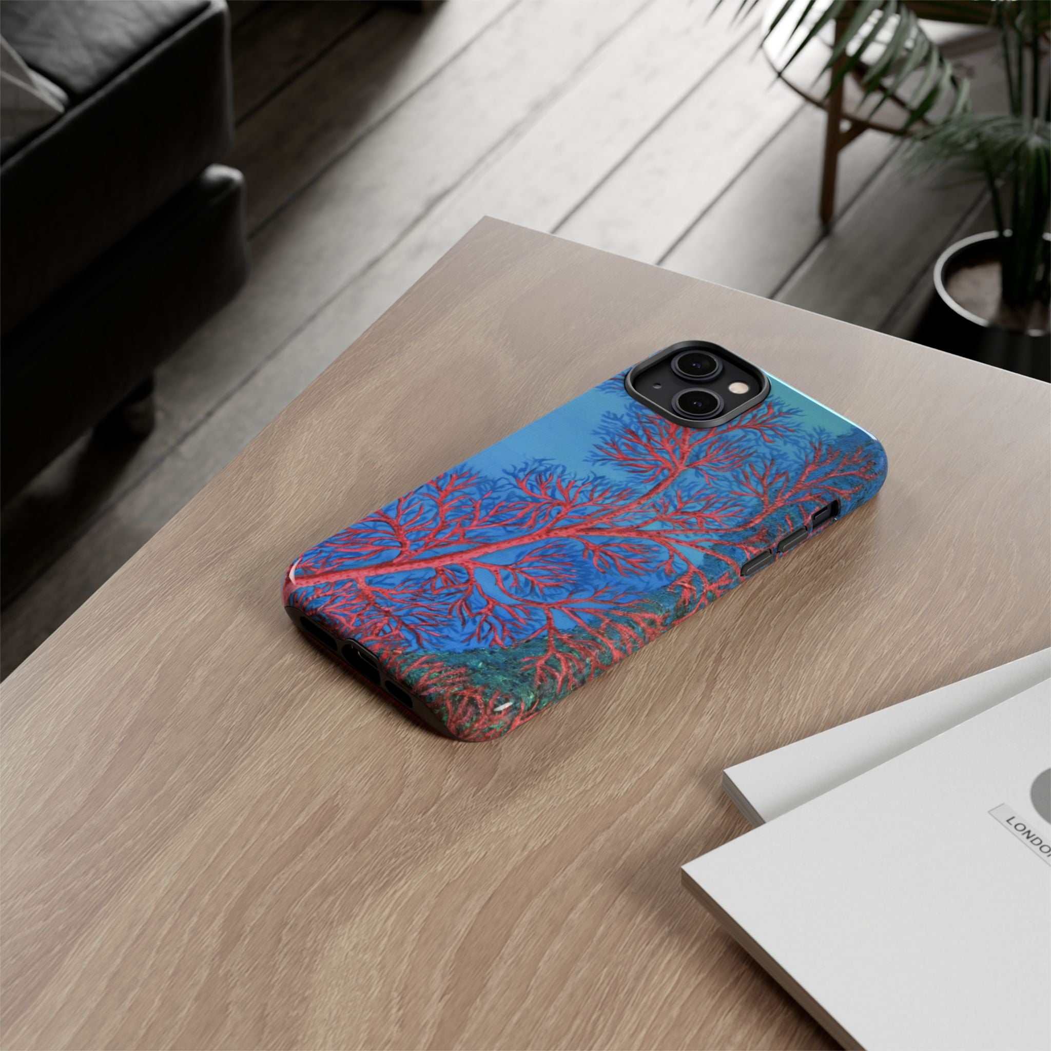 Coral Reef Phone Case — Vibrant Red Sea Fan on Ocean Blue Tough Case