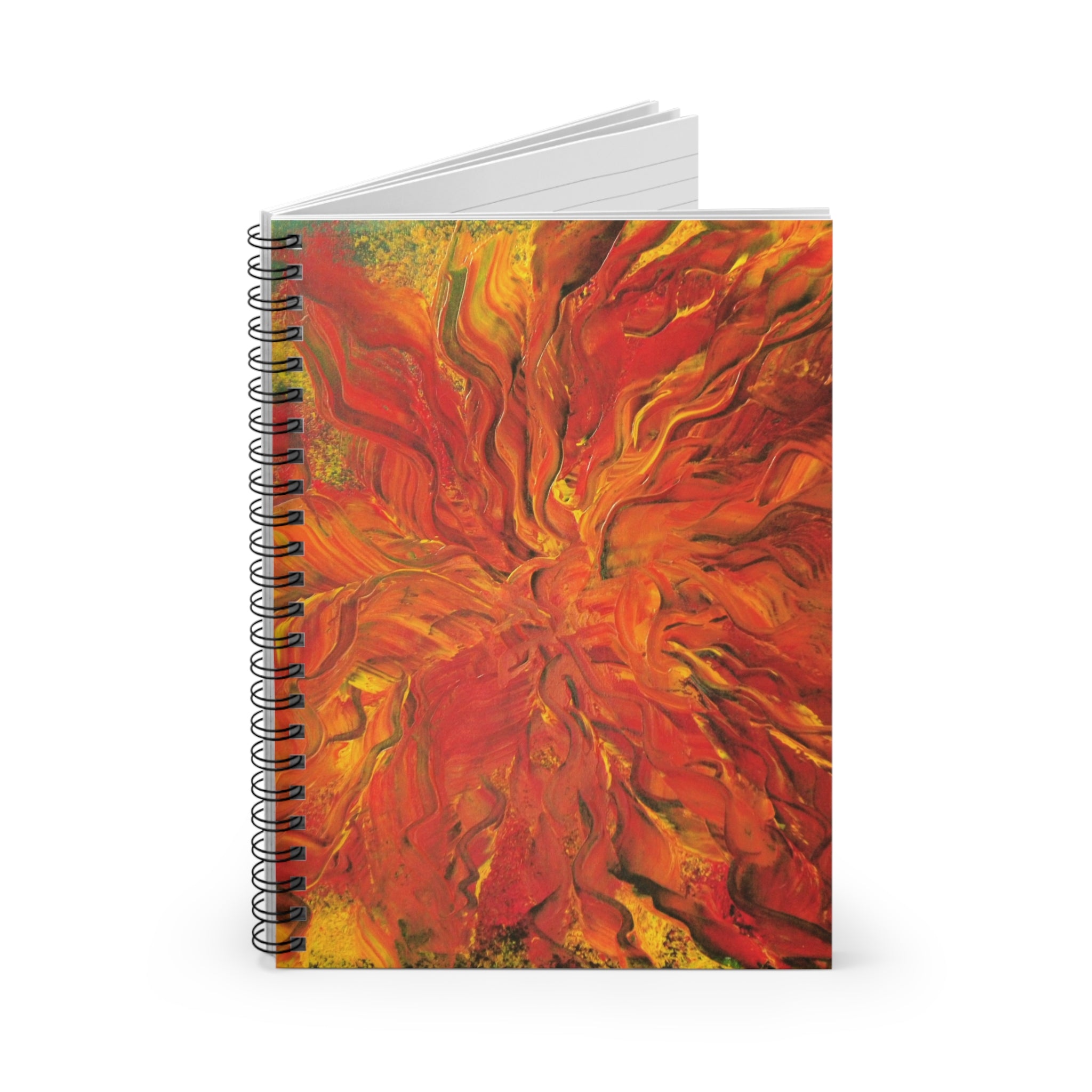 Burning Heart Spiral Notebook — Ruled Journal with Red & Orange Fluid Art Cover