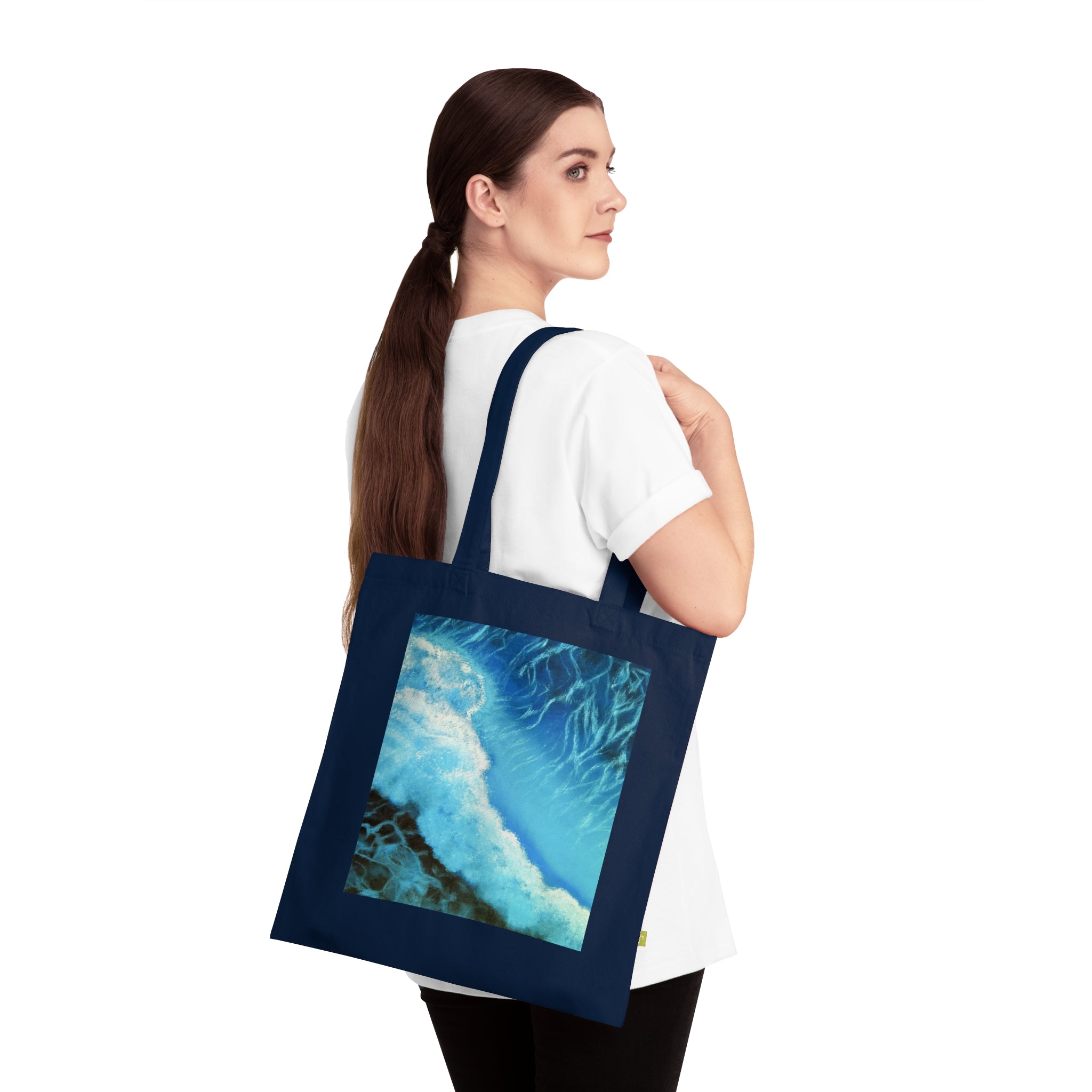 Ocean Wave Art Tote Bag — Blue Coastal Organic Cotton Tote