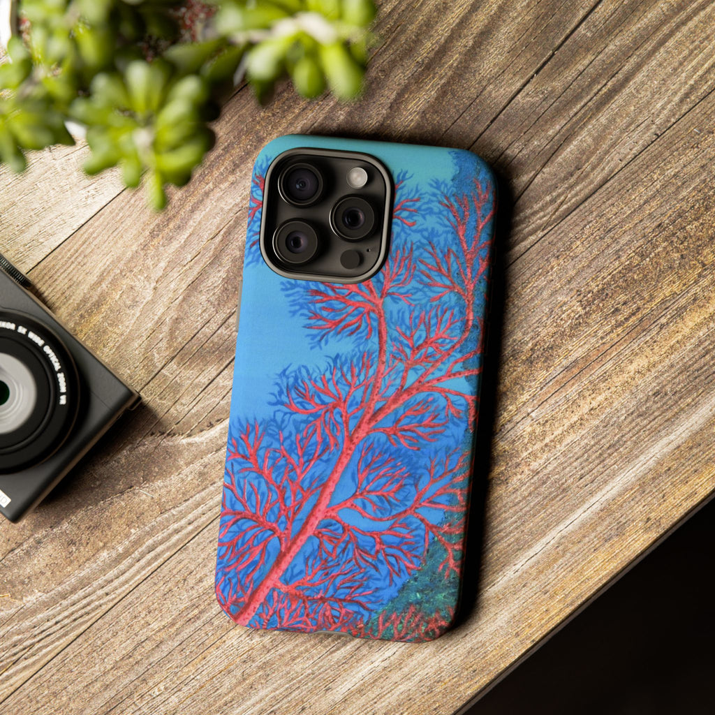 Coral Reef Phone Case — Vibrant Red Sea Fan on Ocean Blue Tough Case