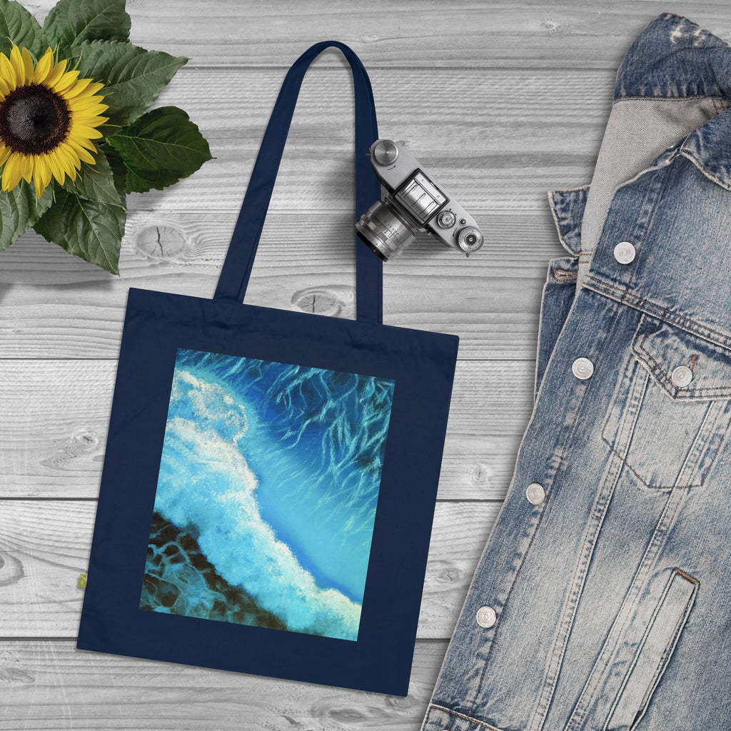 Ocean Wave Art Tote Bag — Blue Coastal Organic Cotton Tote