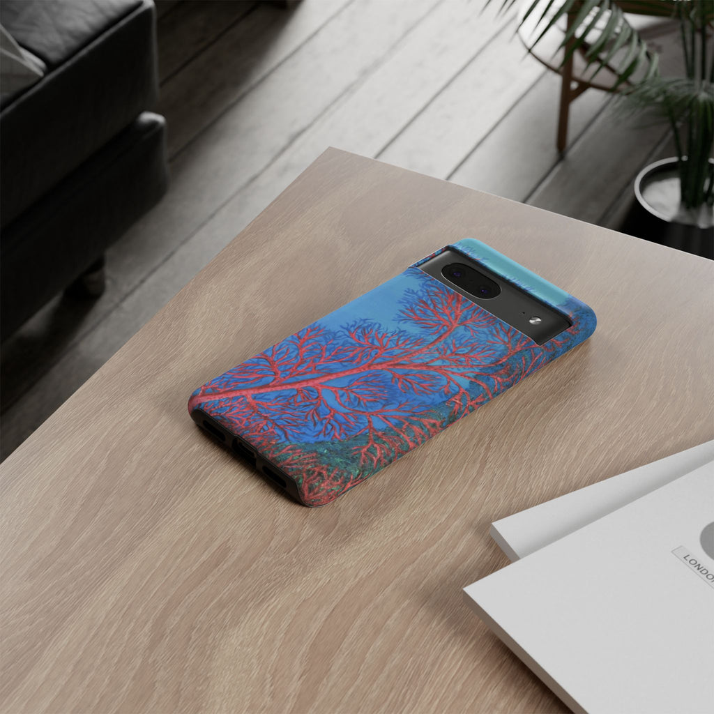 Coral Reef Phone Case — Vibrant Red Sea Fan on Ocean Blue Tough Case