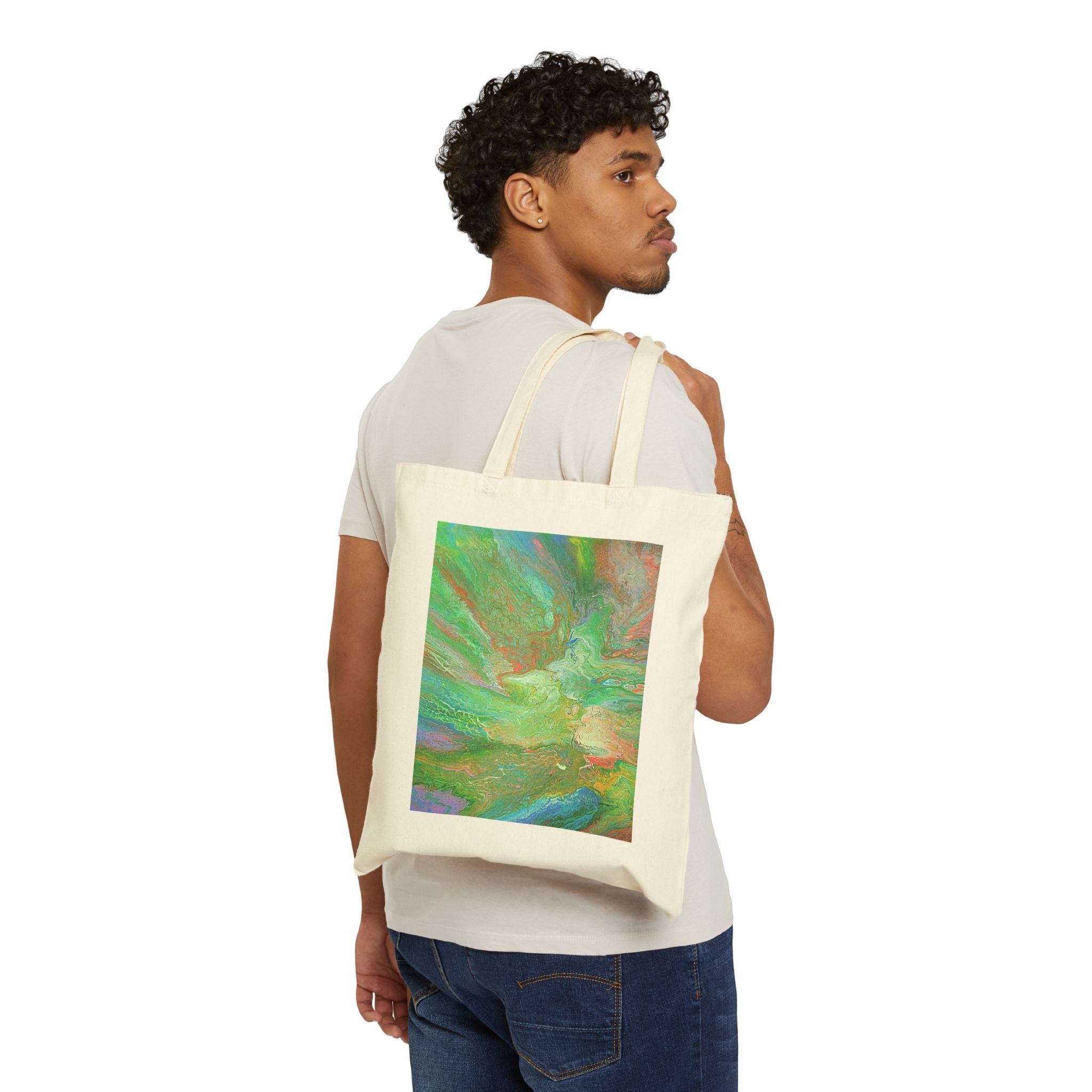 Canvas Tote Bag — Abstract Green Swirl Art Print, Eco-Friendly Market & Beach Tote