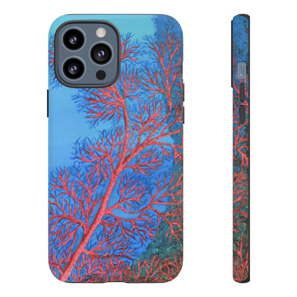 Coral Reef Phone Case — Vibrant Red Sea Fan on Ocean Blue Tough Case