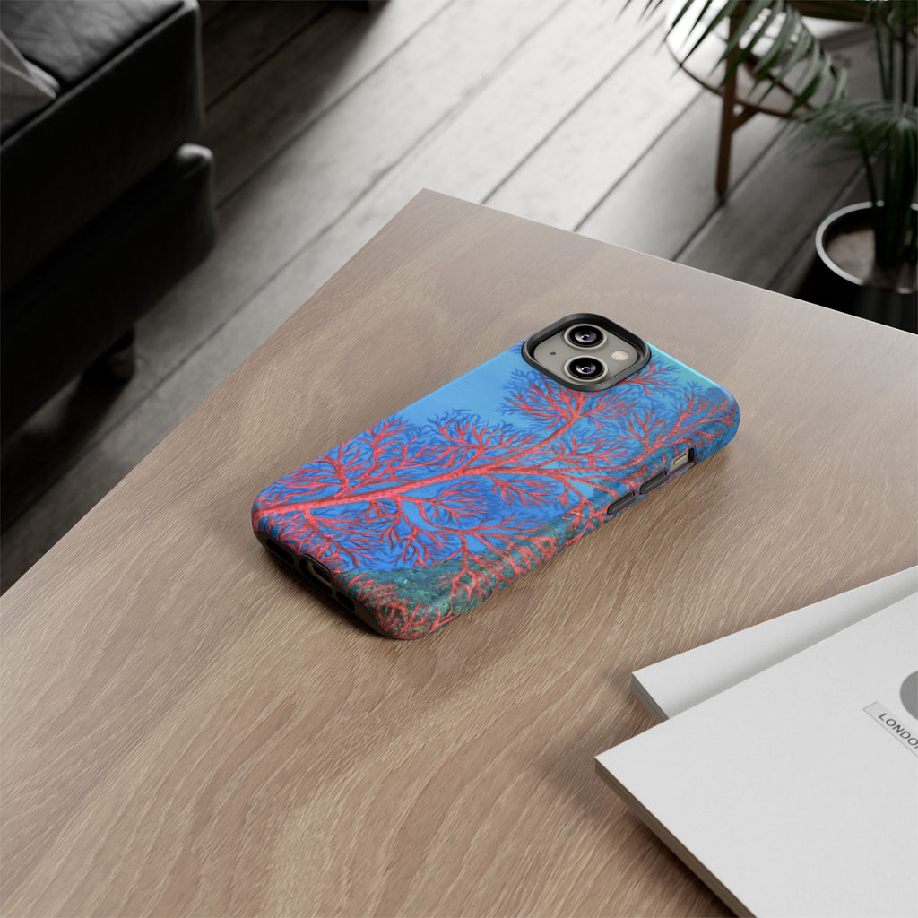 Coral Reef Phone Case — Vibrant Red Sea Fan on Ocean Blue Tough Case