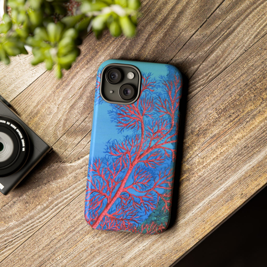 Coral Reef Phone Case — Vibrant Red Sea Fan on Ocean Blue Tough Case