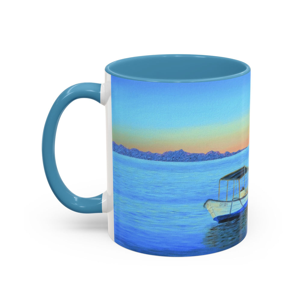 Seaside Sunrise Coffee Mug — Tropical Boat & Ocean Sunset Accent Mug (11/15oz)