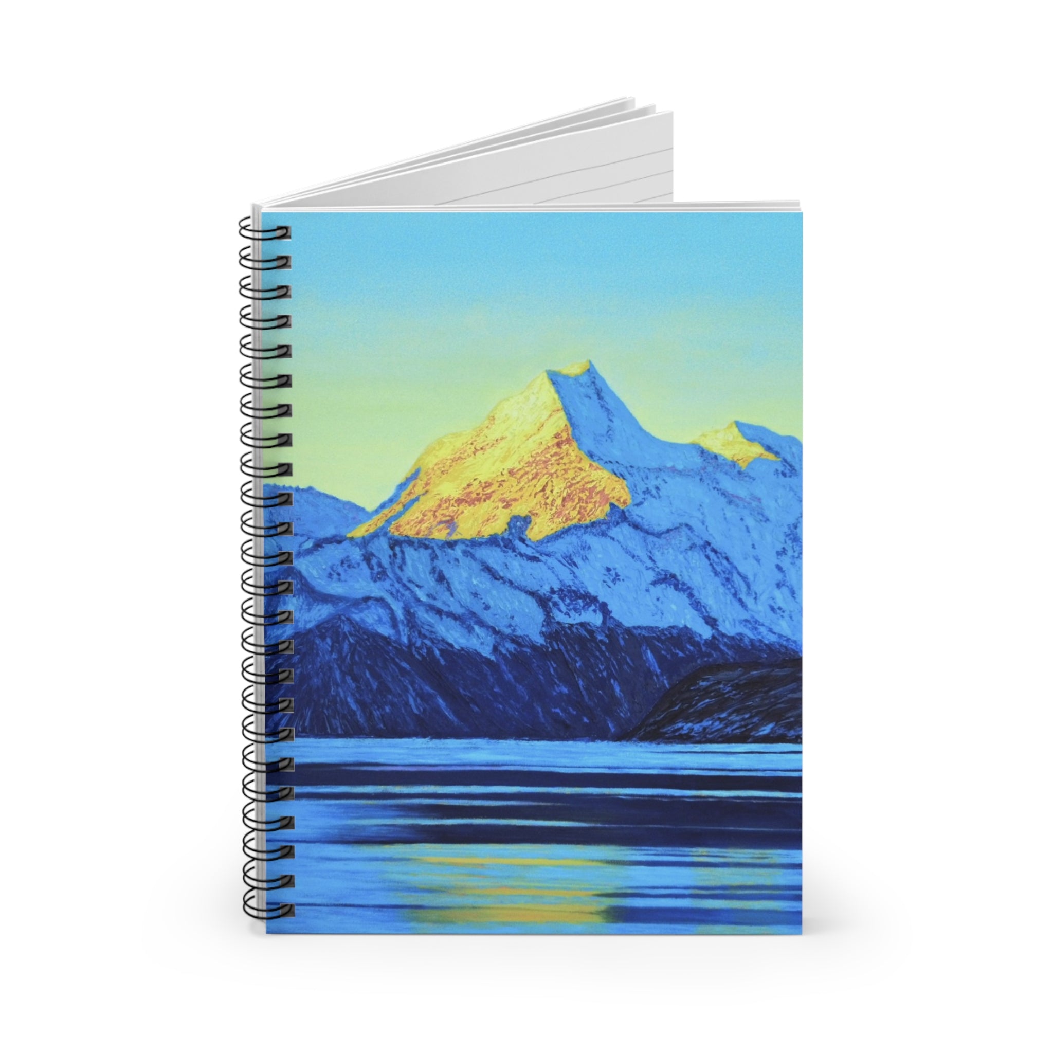 Mountain Sunrise Spiral Notebook — Ruled Journal with Blue & Gold Landscape Cover