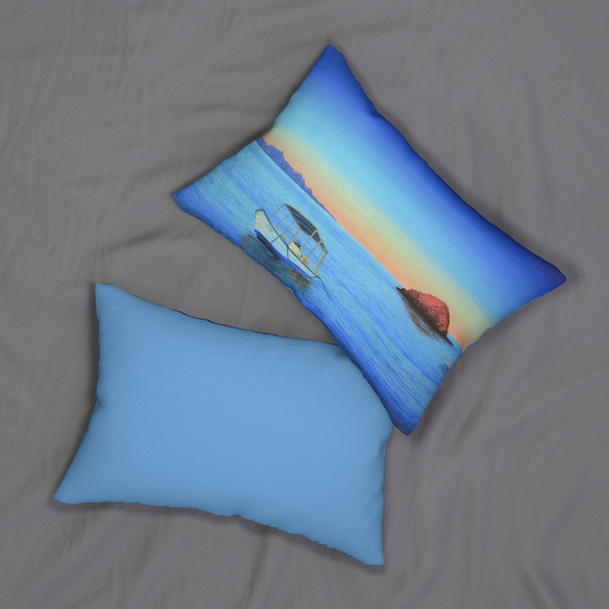 Coastal Sunrise Lumbar Pillow - Boat & Island Ocean Throw Pillow