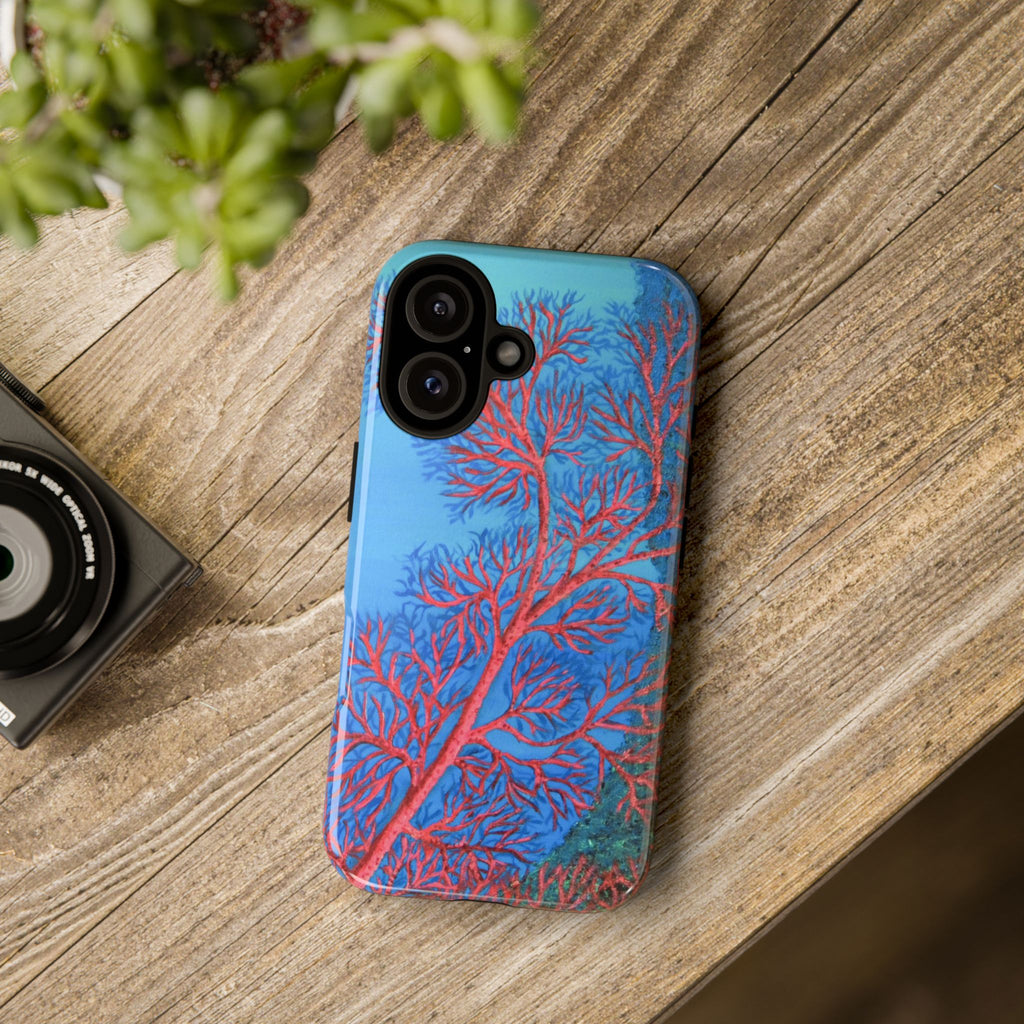 Coral Reef Phone Case — Vibrant Red Sea Fan on Ocean Blue Tough Case