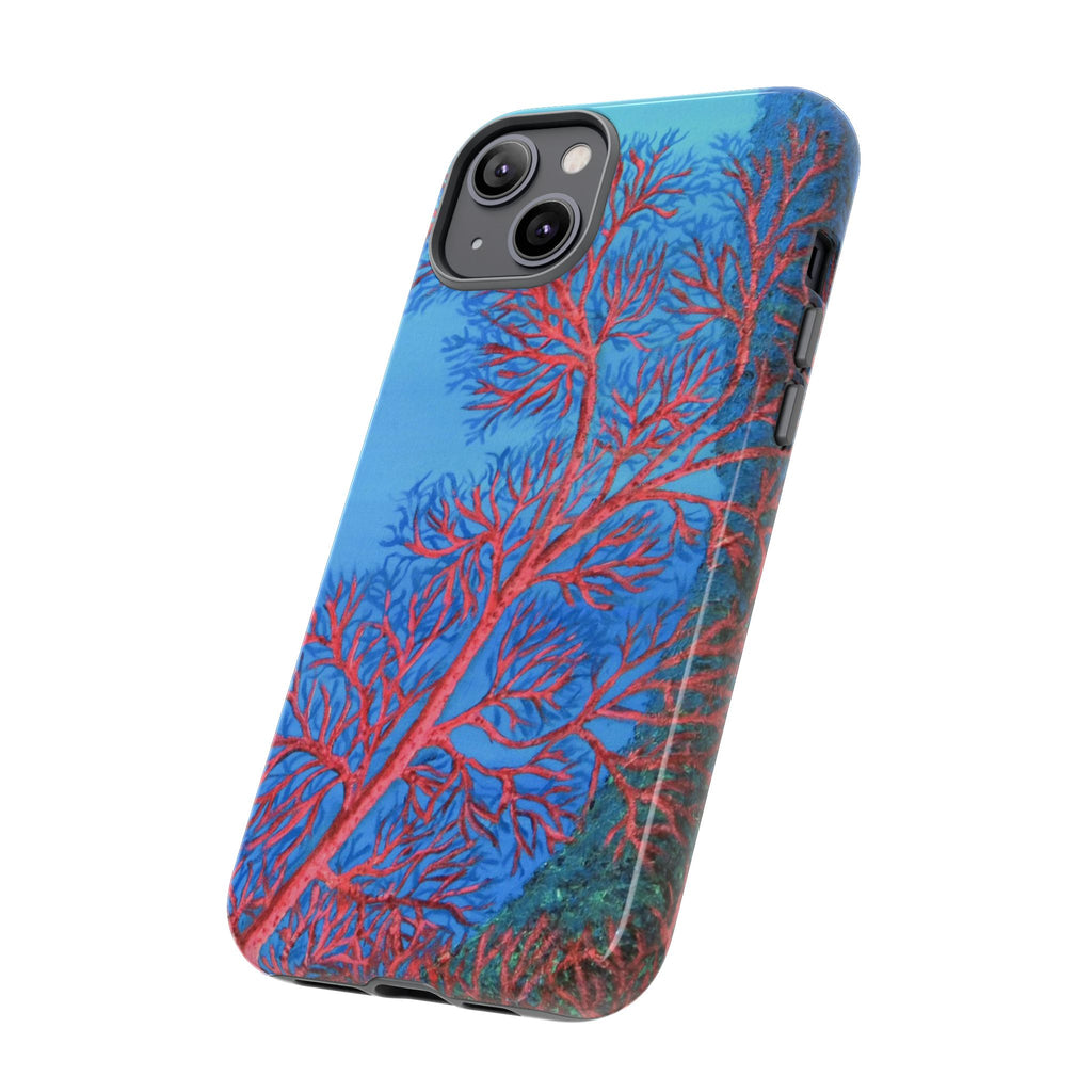Coral Reef Phone Case — Vibrant Red Sea Fan on Ocean Blue Tough Case