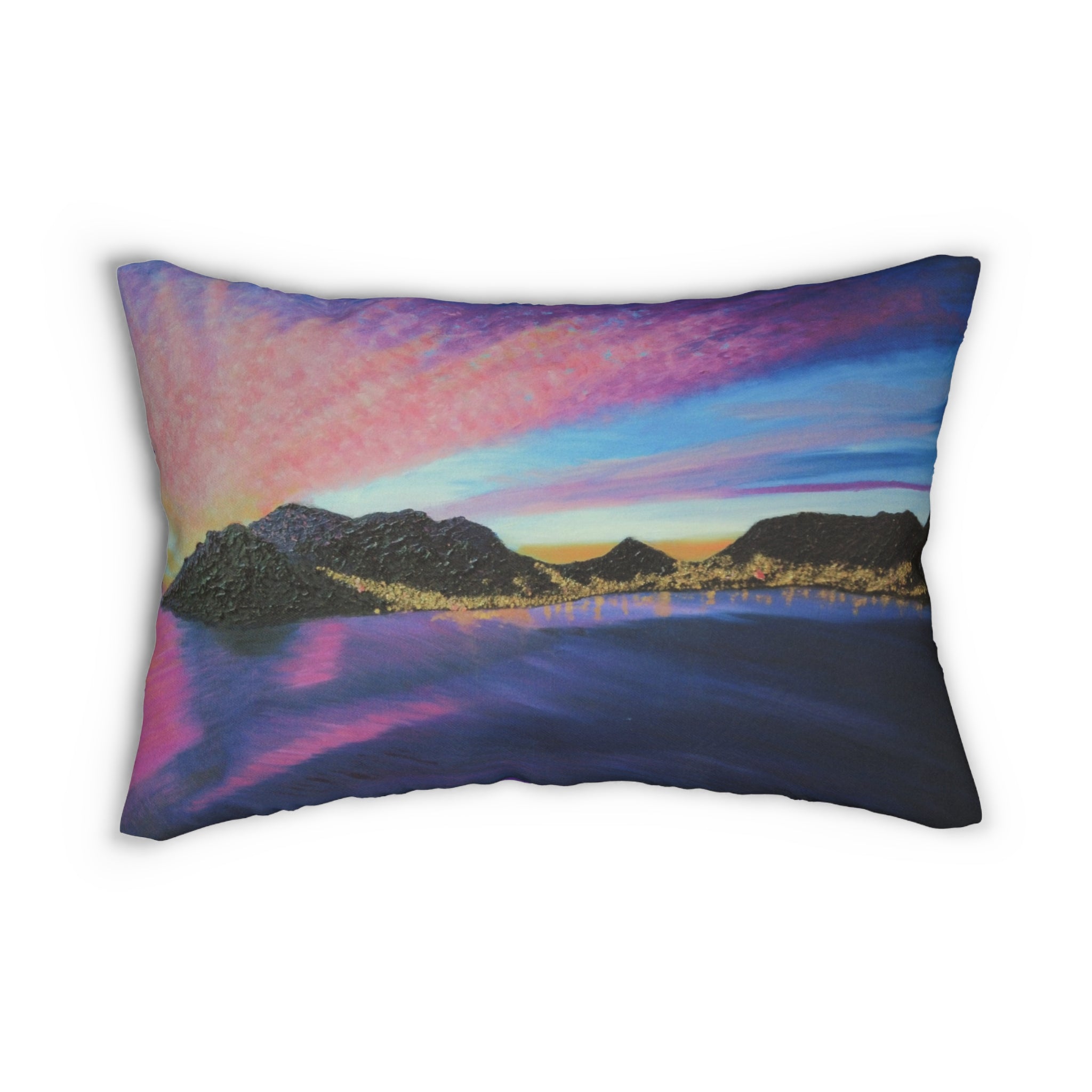 Sunset Lake Landscape Lumbar Pillow — Purple Accent Polyester Throw Pillow