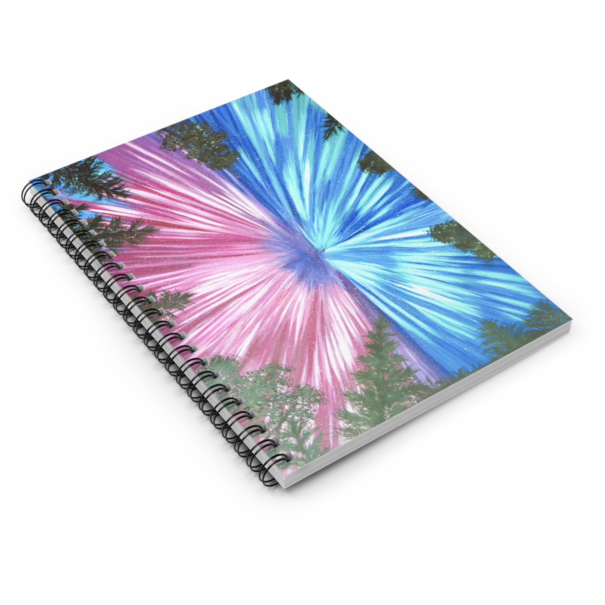 Aurora Burst Spiral Notebook — Ruled Journal with Pink & Blue Forest Sky Design