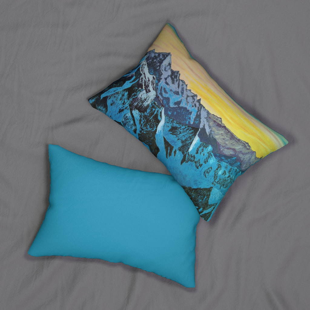 Mountain Sunrise Lumbar Pillow — Scenic Blue Alpine Landscape Accent Pillow