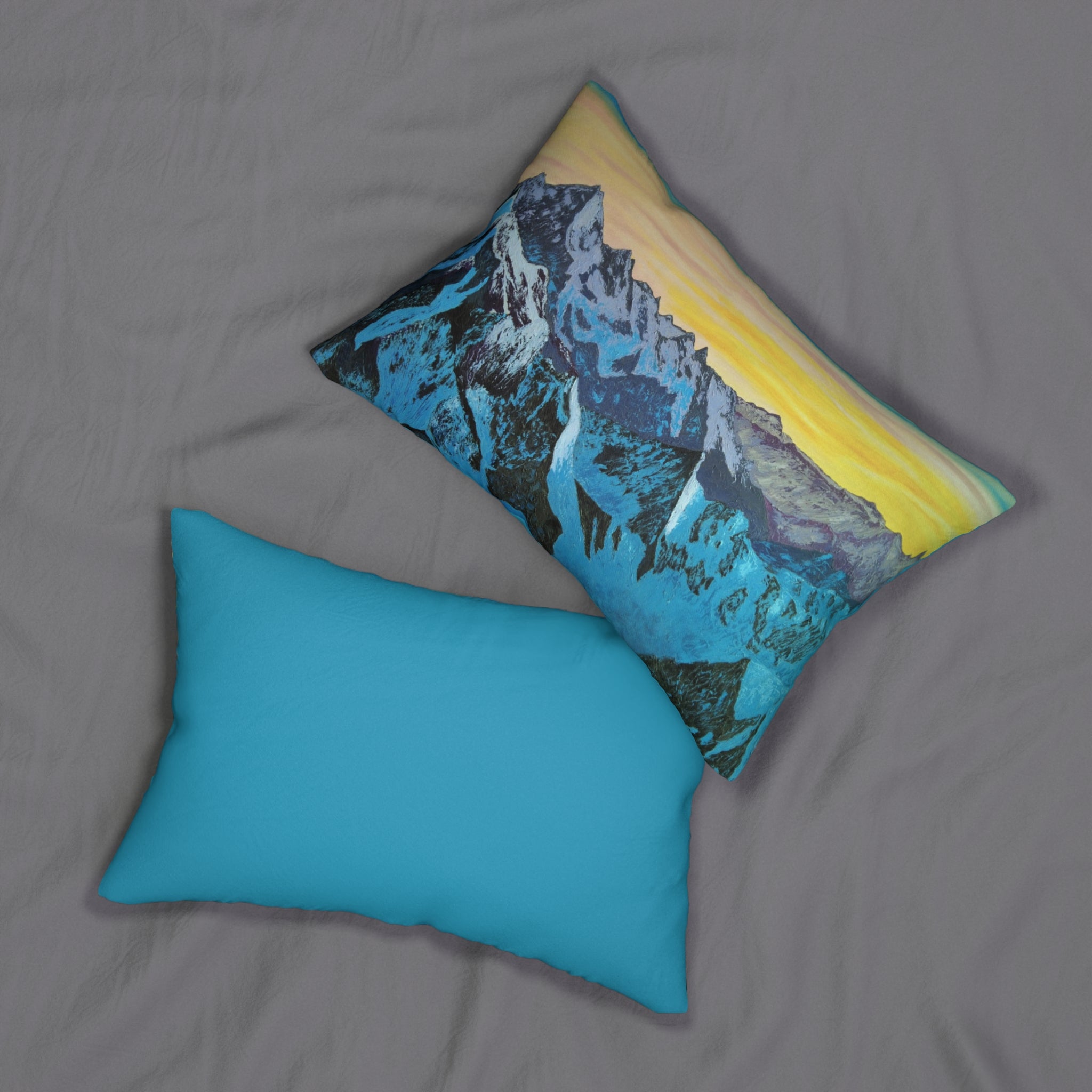 Mountain Sunrise Lumbar Pillow — Scenic Blue Alpine Landscape Accent Pillow