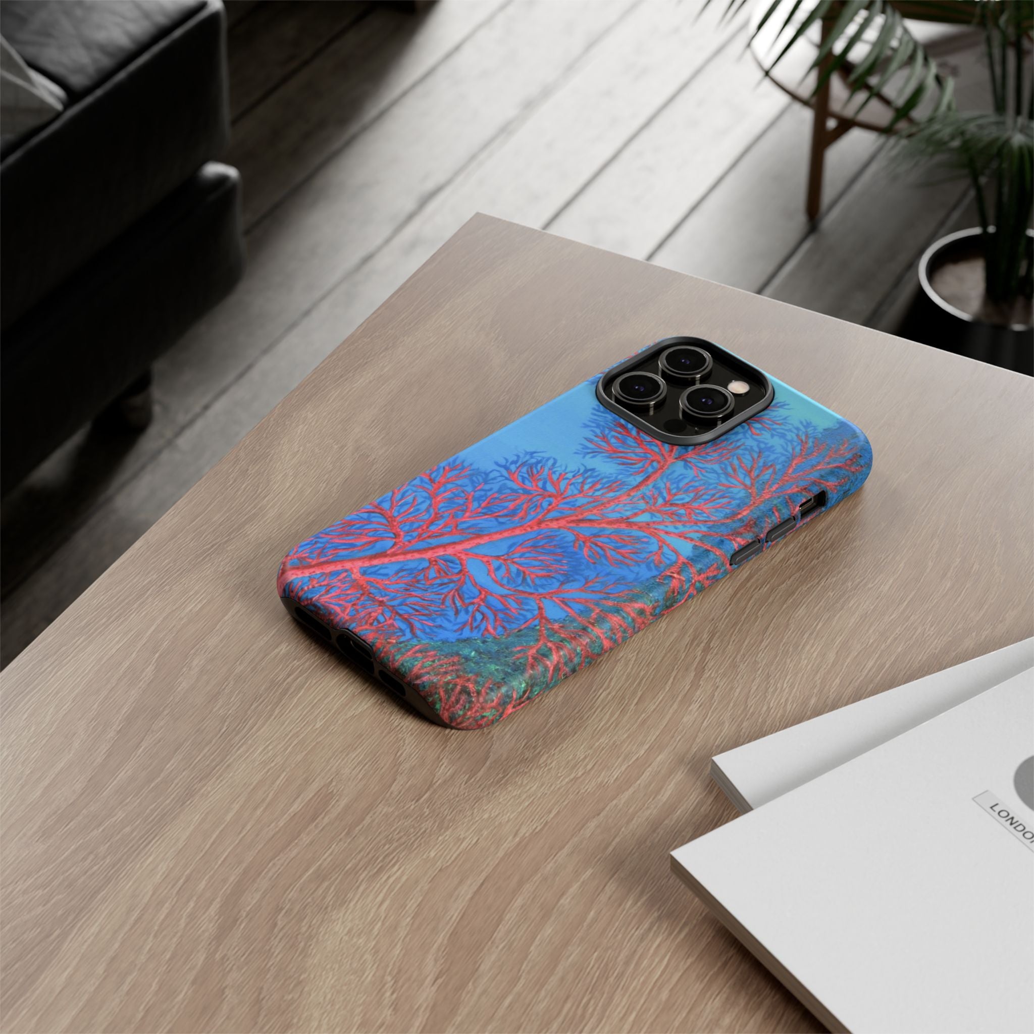 Coral Reef Phone Case — Vibrant Red Sea Fan on Ocean Blue Tough Case
