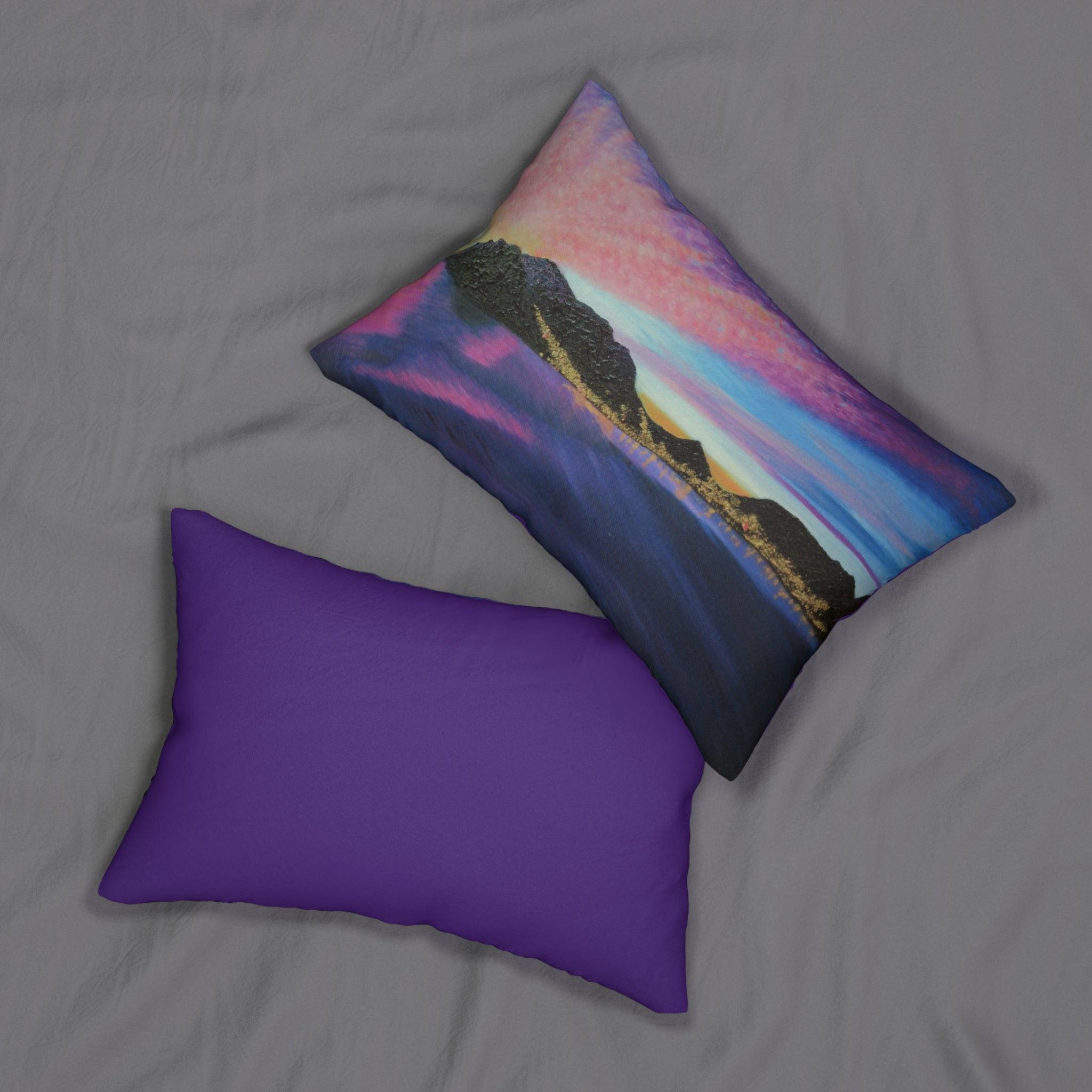 Sunset Lake Landscape Lumbar Pillow — Purple Accent Polyester Throw Pillow