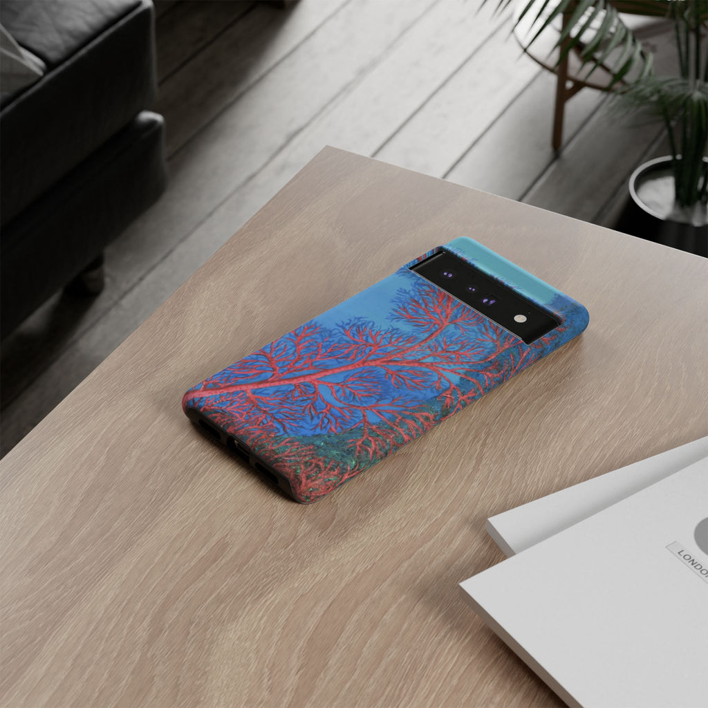 Coral Reef Phone Case — Vibrant Red Sea Fan on Ocean Blue Tough Case