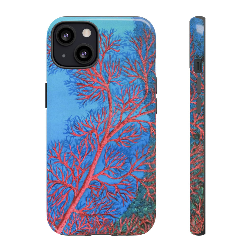 Coral Reef Phone Case — Vibrant Red Sea Fan on Ocean Blue Tough Case
