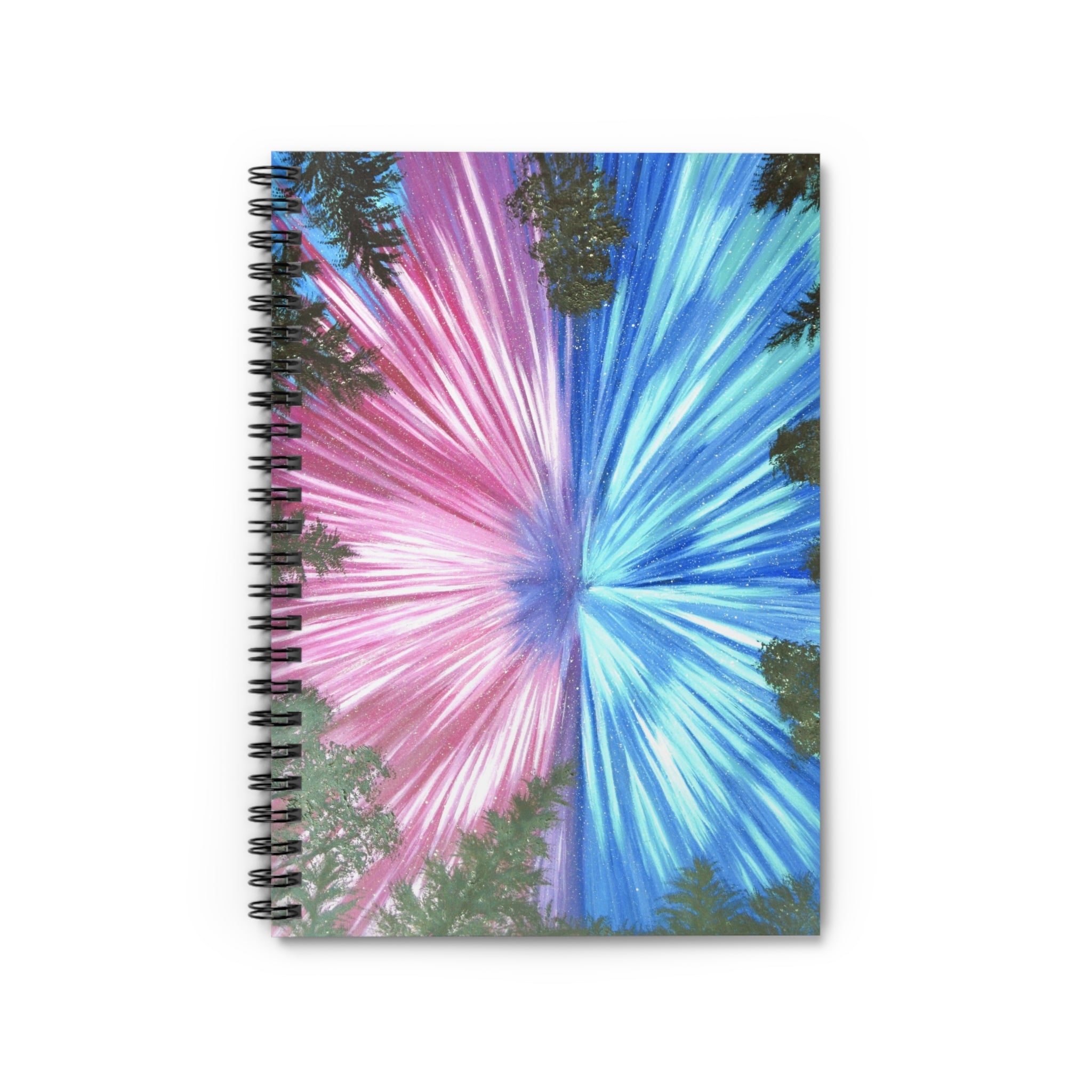 Aurora Burst Spiral Notebook — Ruled Journal with Pink & Blue Forest Sky Design
