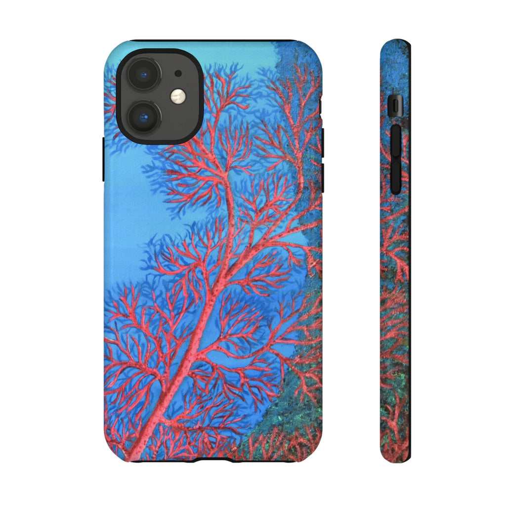 Coral Reef Phone Case — Vibrant Red Sea Fan on Ocean Blue Tough Case