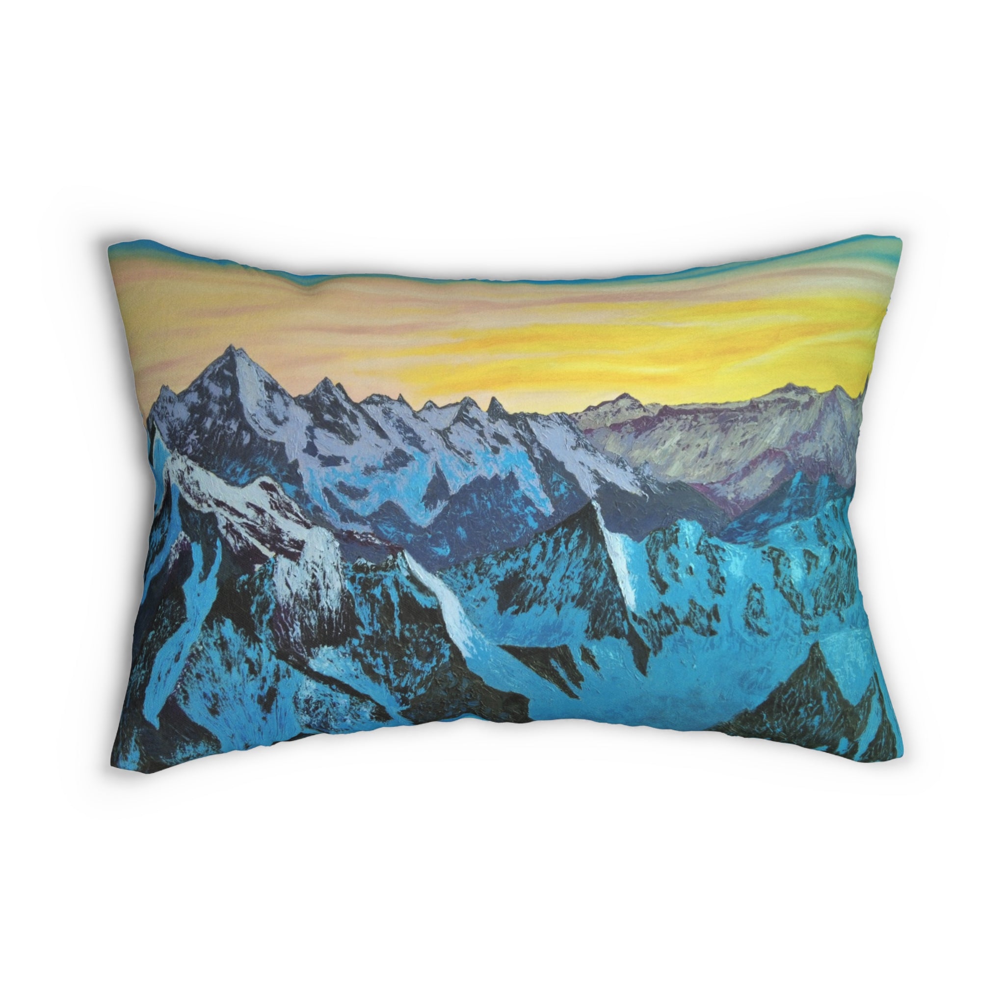 Mountain Sunrise Lumbar Pillow — Scenic Blue Alpine Landscape Accent Pillow