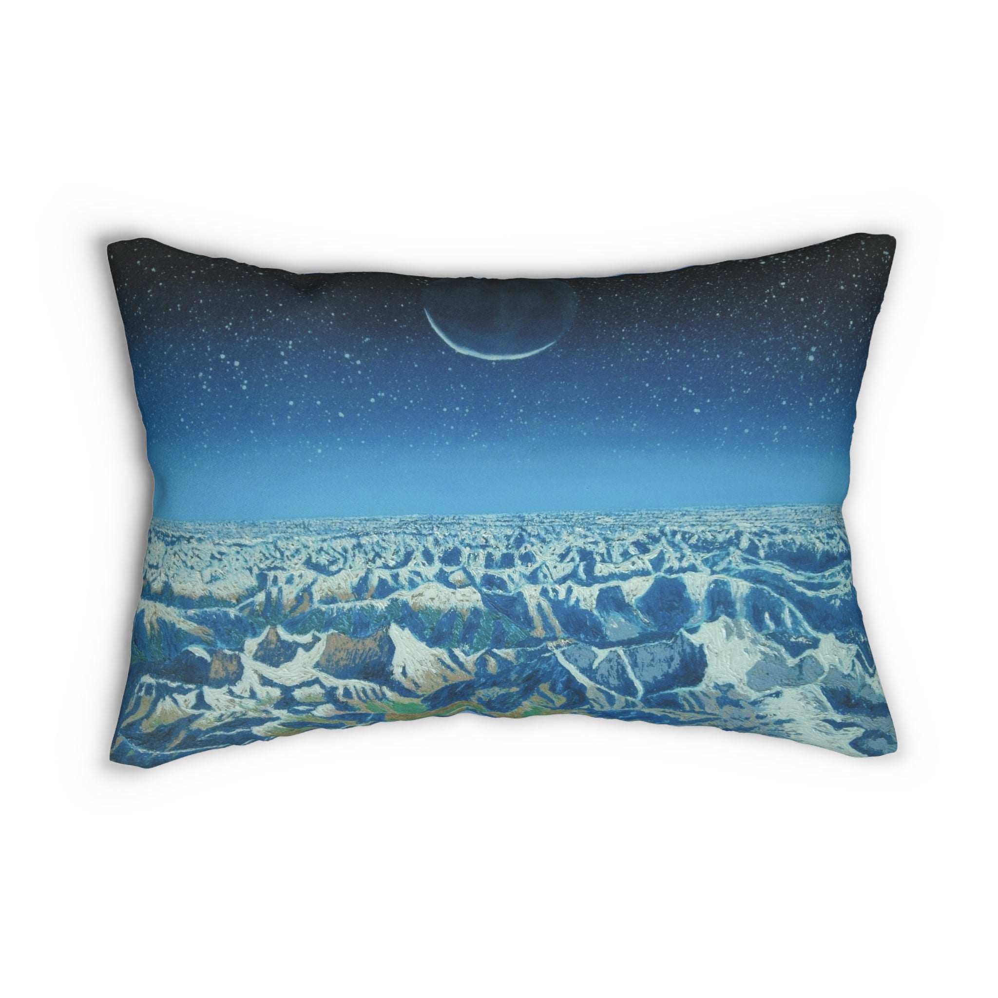 Lunar Mountainscape Lumbar Pillow — Crescent Night Sky Decorative Pillow